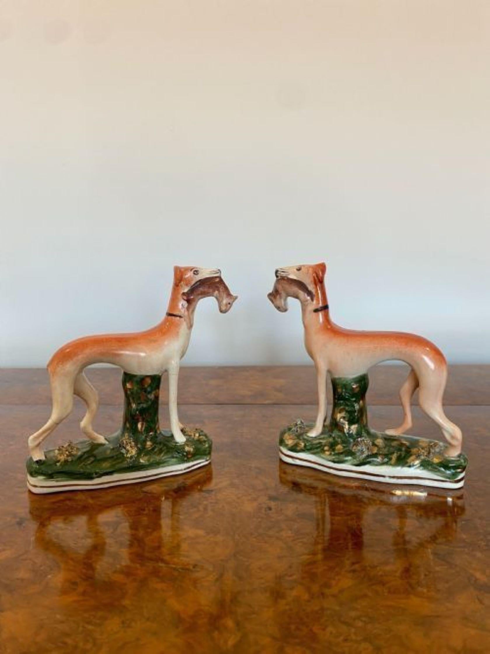 Quality pair of antique Victorian Staffordshire greyhound dogs having a pair of greyhounds holding a rabbit in their mouth standing on a shaped base in wonderful hand painted colours in red, brown, green, white and gold.