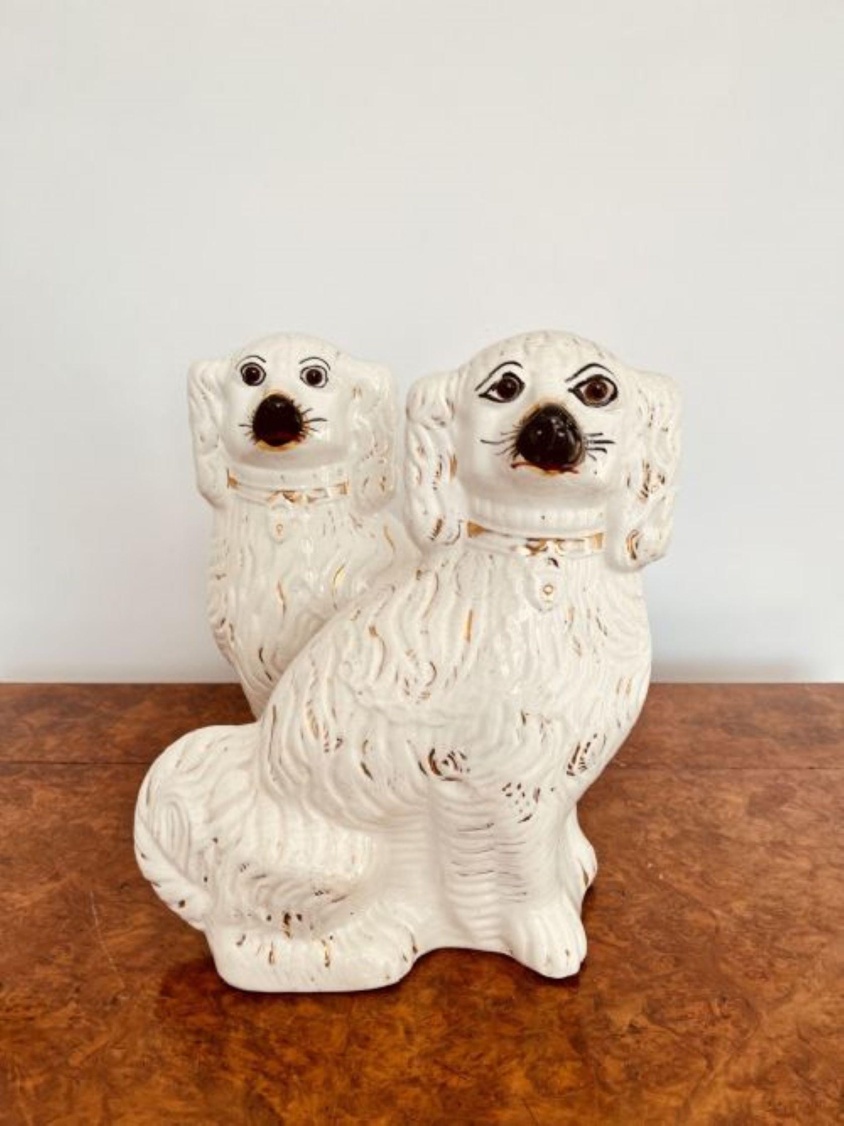 Ceramic Pair Of Antique Victorian Staffordshire Spaniel Seated Dogs For Sale
