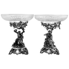 Pair of Antique Victorian Sterling Silver and Glass Comports Centrepieces, 1848
