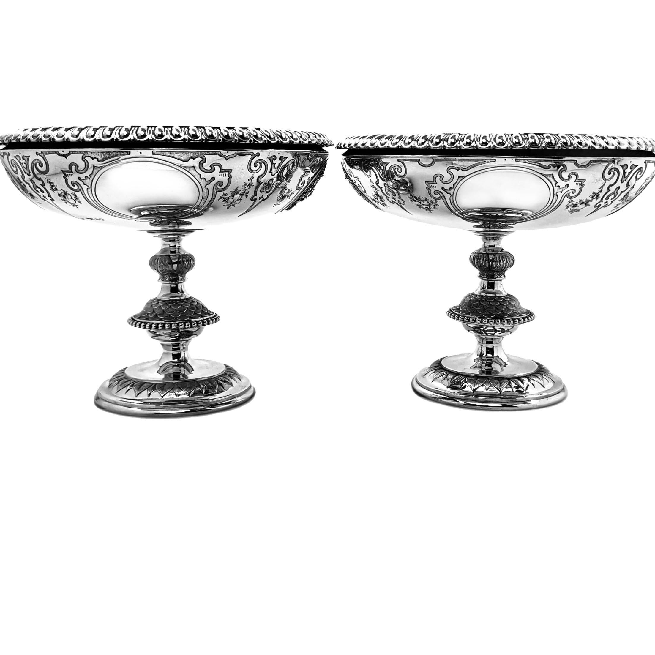 English Pair of Antique Victorian Sterling Silver Comports / Dishes, 1862 For Sale