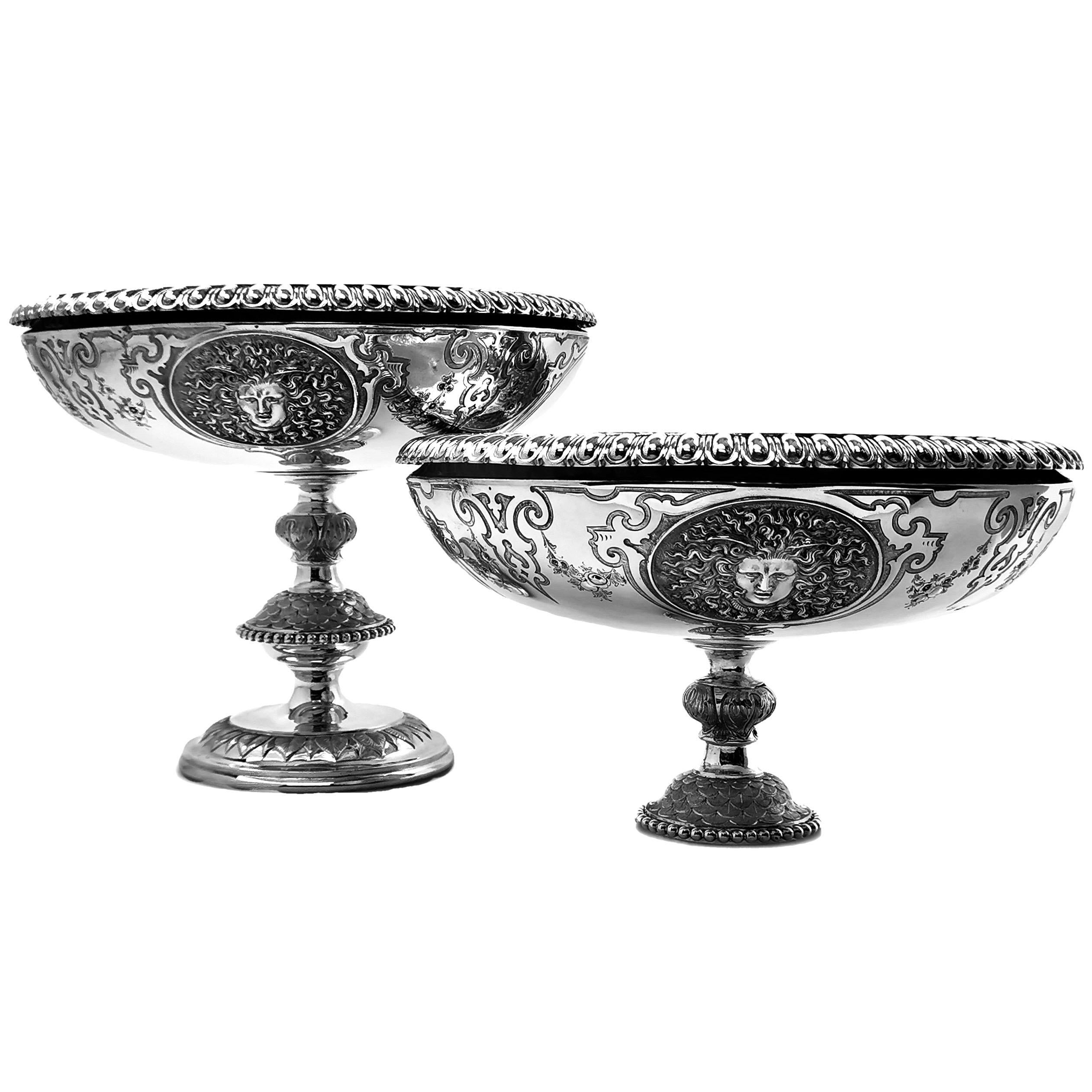 19th Century Pair of Antique Victorian Sterling Silver Comports / Dishes, 1862 For Sale