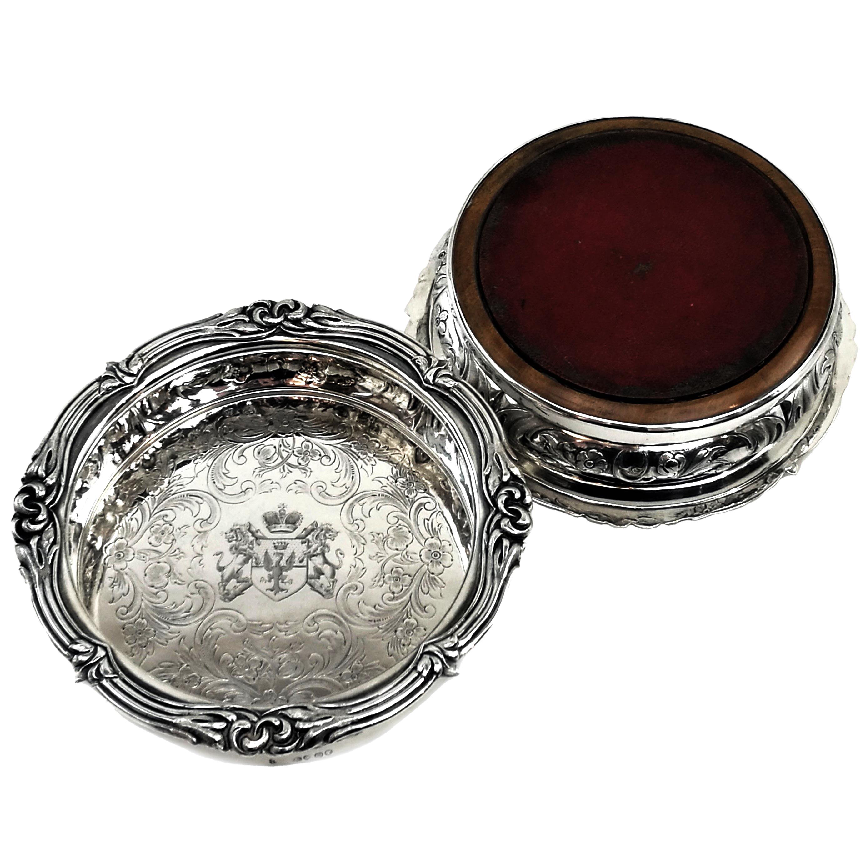 Pair of Antique Victorian Sterling Silver Wine Bottle Coasters 1839 For Sale 2