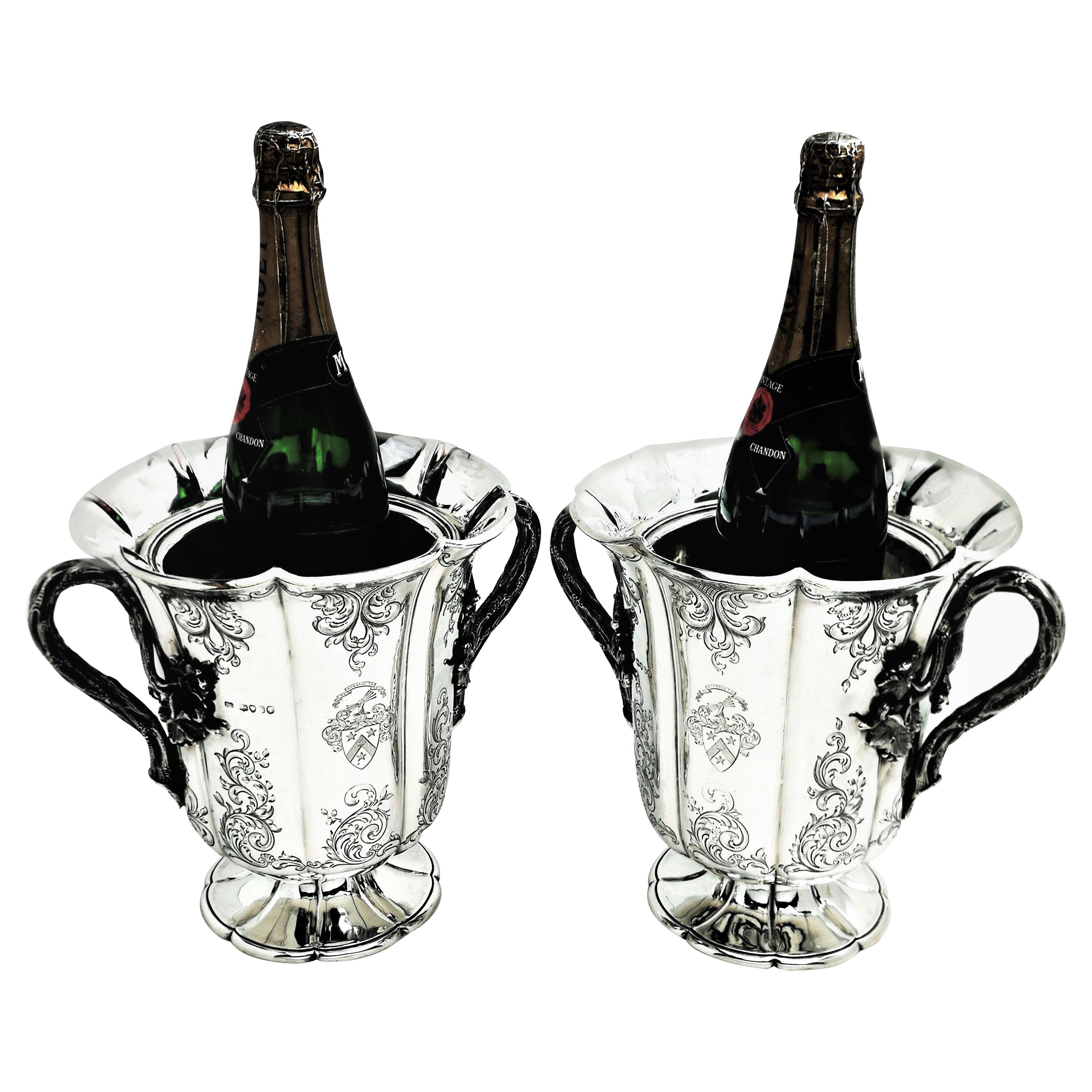 Pair of Antique Victorian Sterling Silver Wine Coolers / Champagne Buckets, 1844
