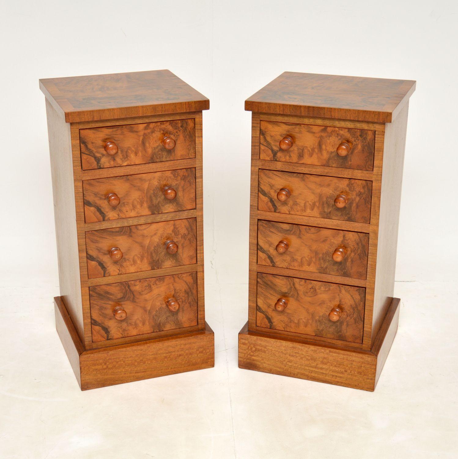 A beautiful and very useful pair of antique Victorian Style bedside chests, beautifully finished in burr walnut.

We have had them partially re-constructed from a parts of an antique dressing chest, they are a stunning burr walnut and they have