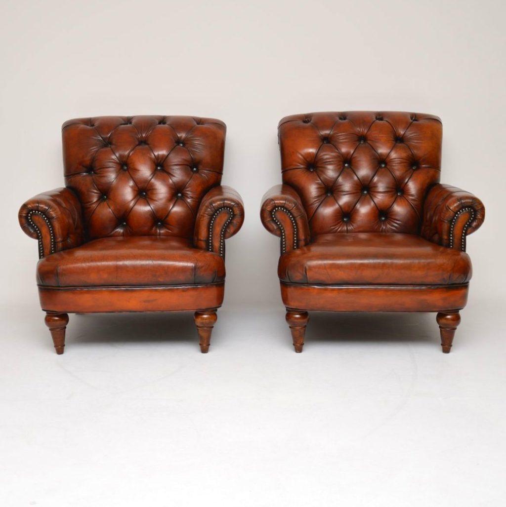English Pair of Antique Victorian Style Deep Buttoned Leather Armchairs