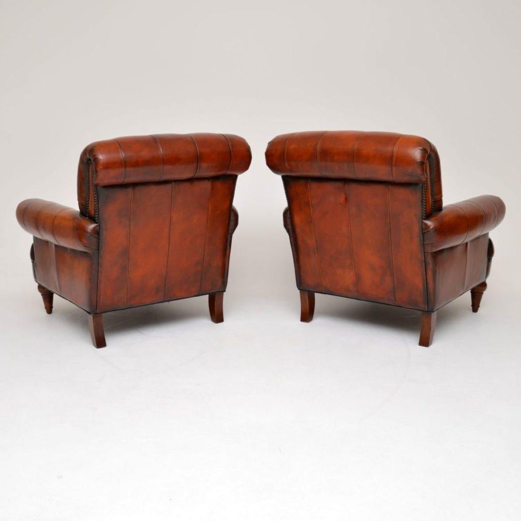 Late 20th Century Pair of Antique Victorian Style Deep Buttoned Leather Armchairs