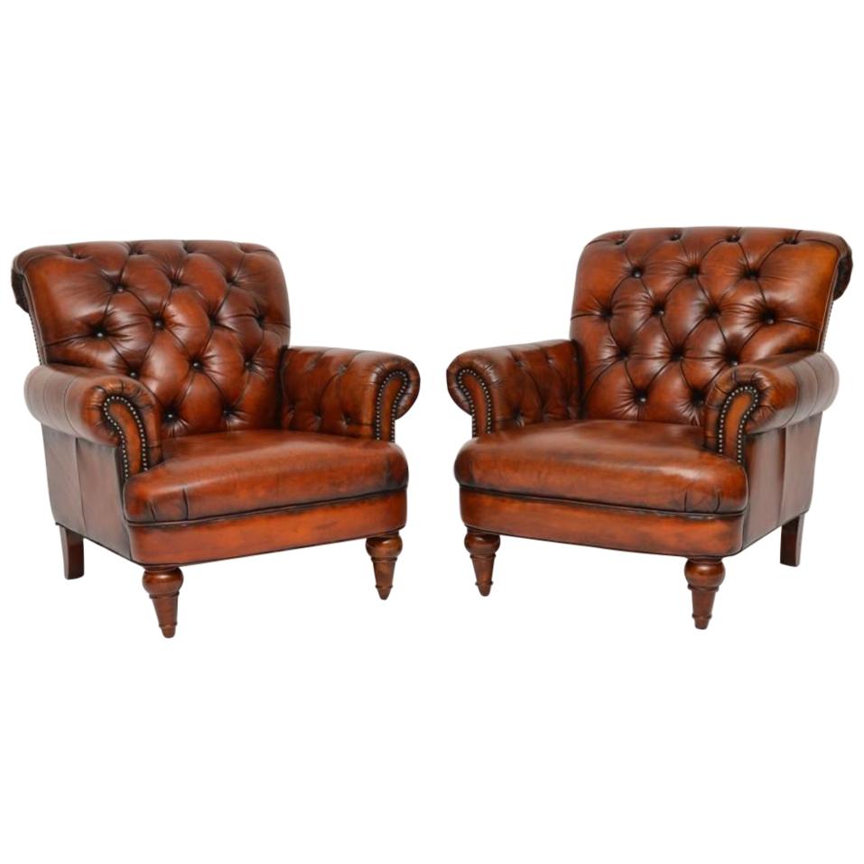 Pair of Antique Victorian Style Deep Buttoned Leather Armchairs