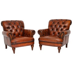 Pair of Antique Victorian Style Deep Buttoned Leather Armchairs