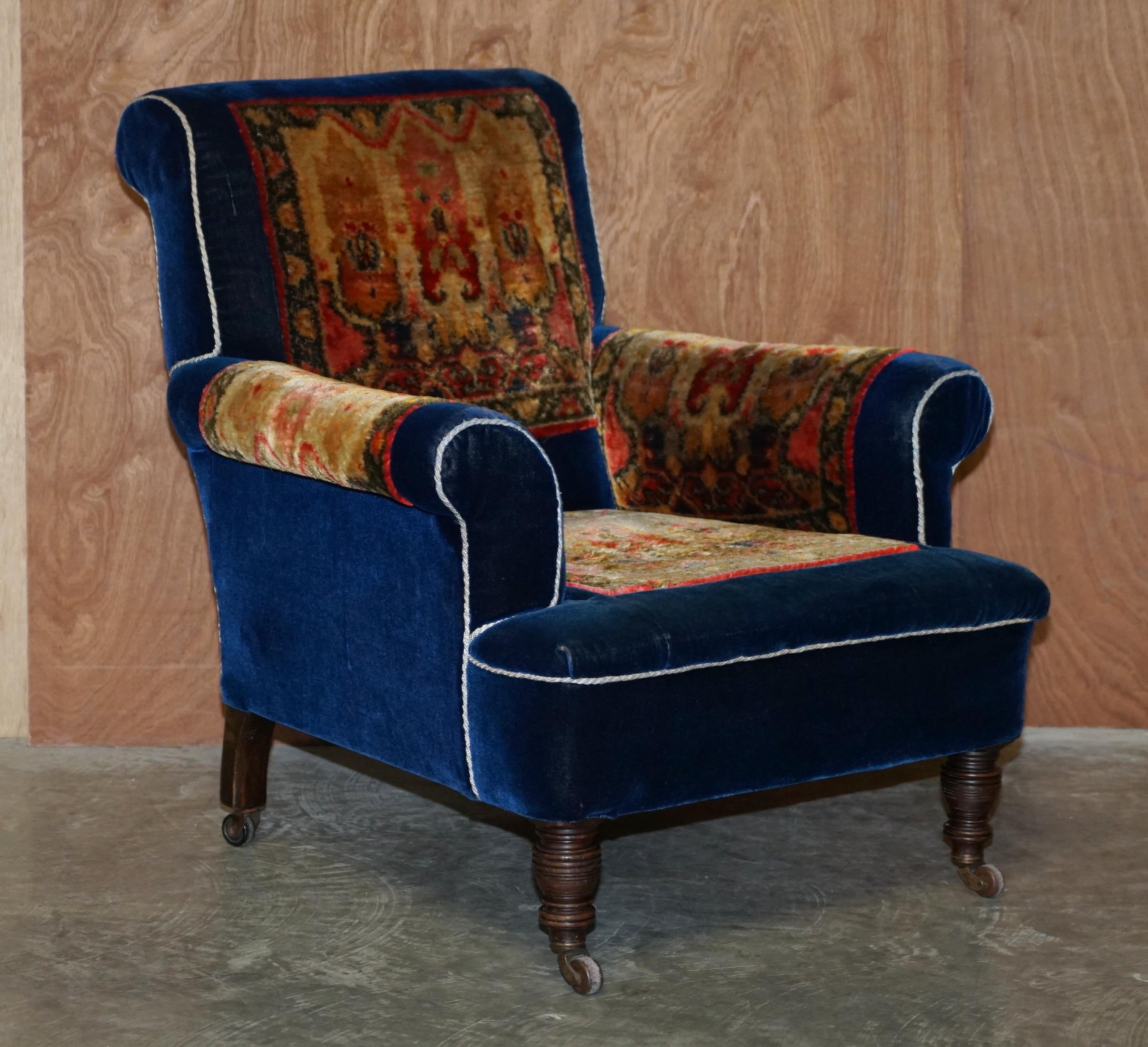 Pair of Antique Victorian Turkey Work Carpet Kilim Rug Napoleonic Blue Armchairs 5