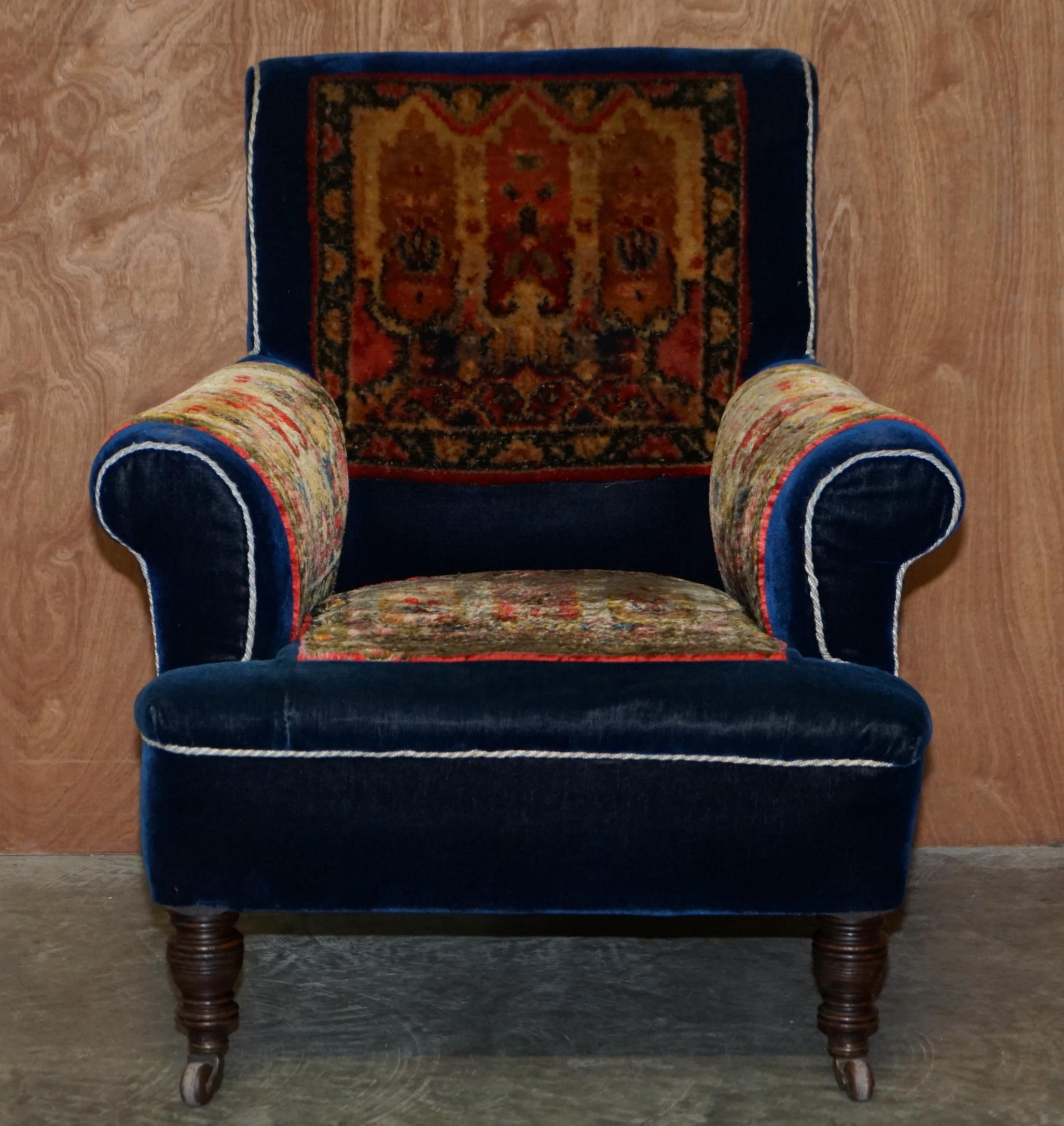 Pair of Antique Victorian Turkey Work Carpet Kilim Rug Napoleonic Blue Armchairs 6