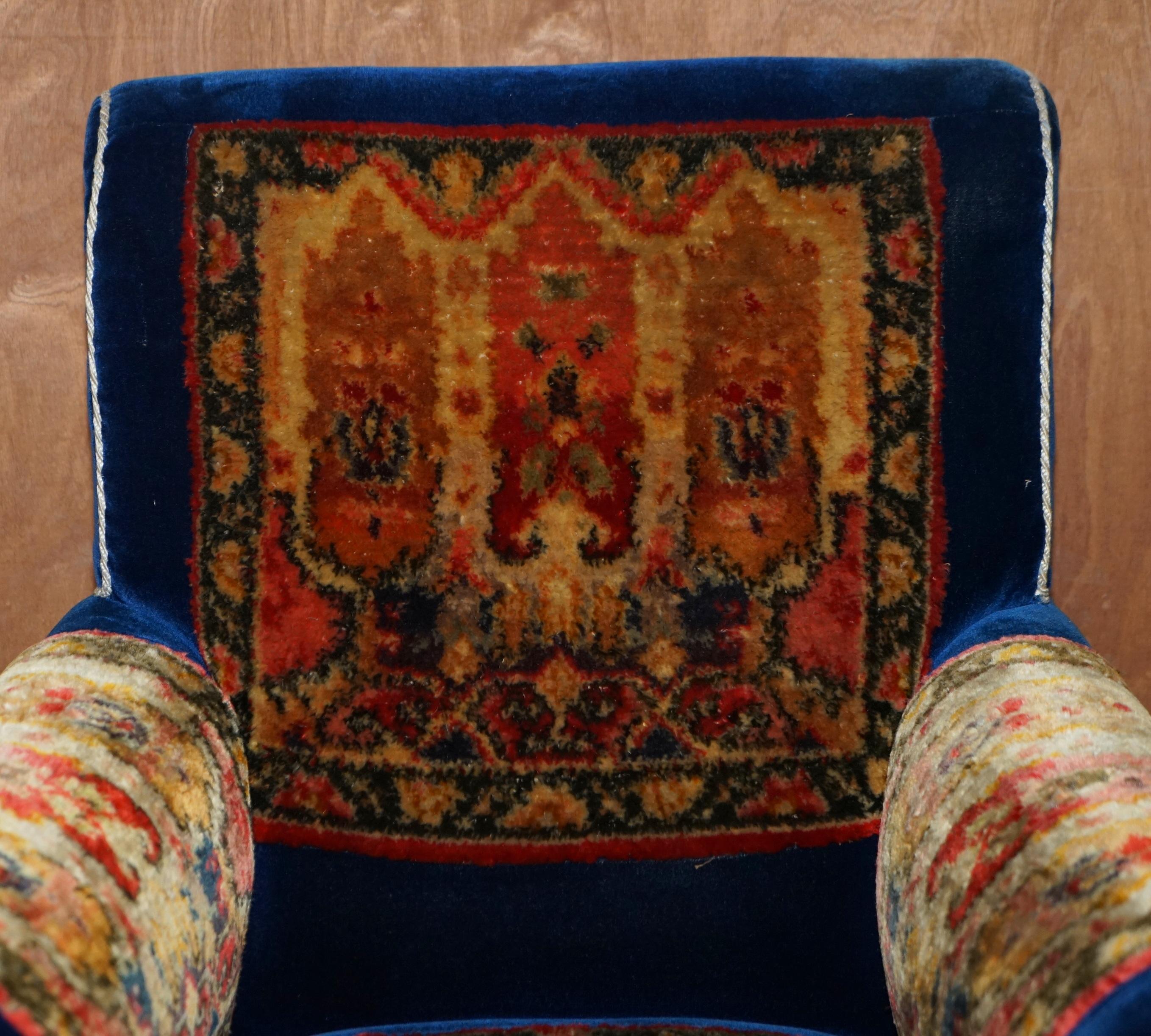 Pair of Antique Victorian Turkey Work Carpet Kilim Rug Napoleonic Blue Armchairs 7