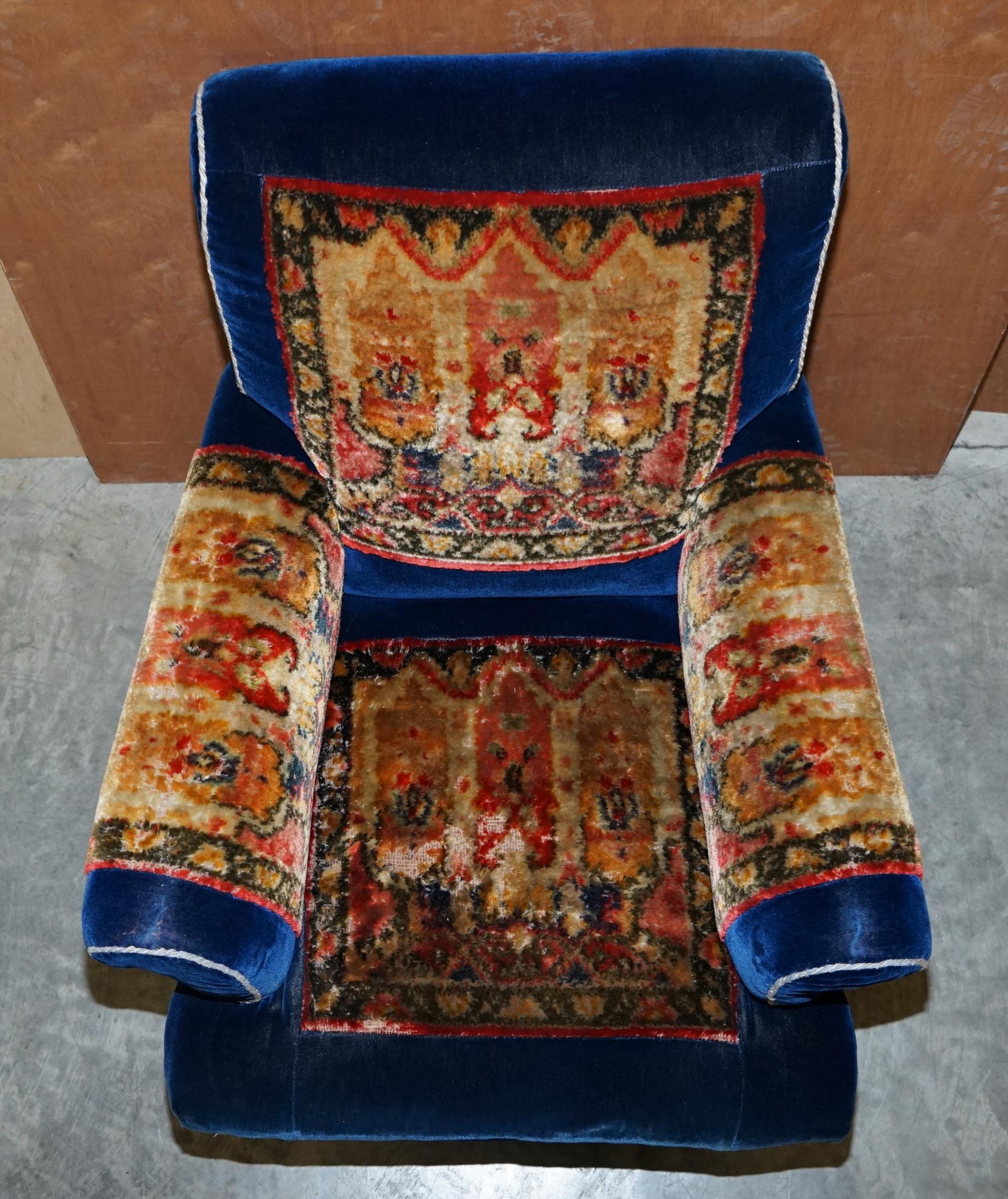 Pair of Antique Victorian Turkey Work Carpet Kilim Rug Napoleonic Blue Armchairs 8