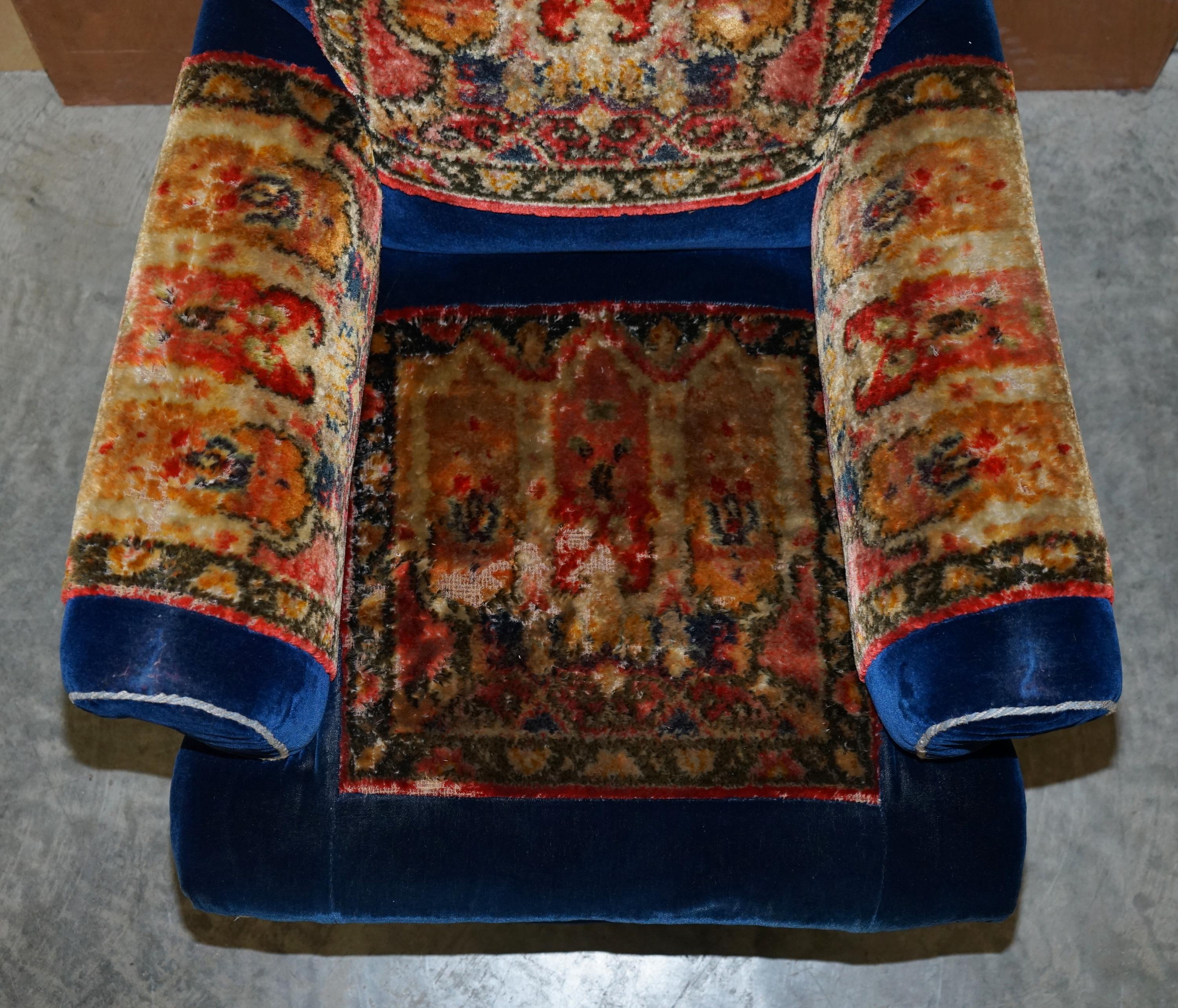 Pair of Antique Victorian Turkey Work Carpet Kilim Rug Napoleonic Blue Armchairs 9