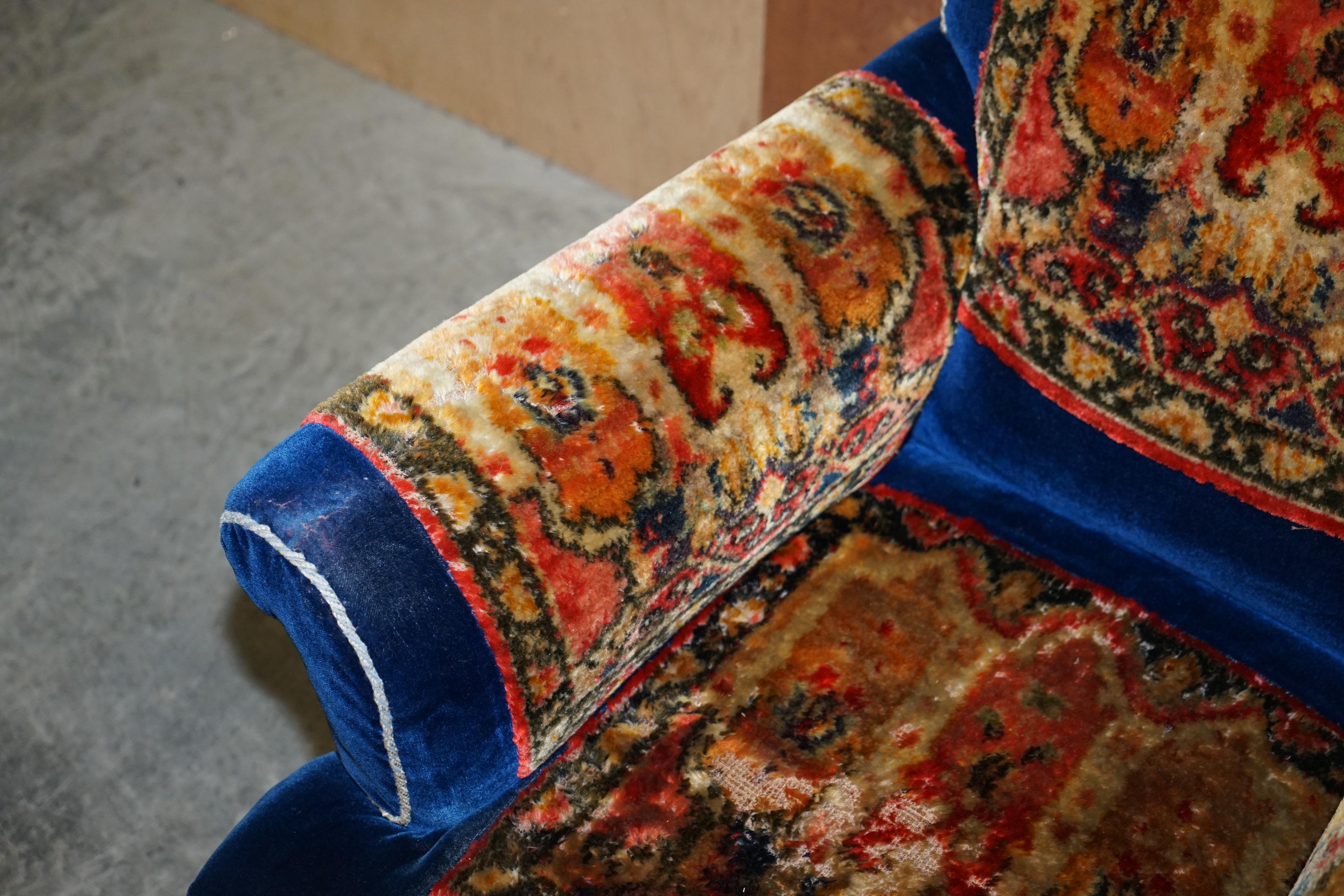 Pair of Antique Victorian Turkey Work Carpet Kilim Rug Napoleonic Blue Armchairs 10