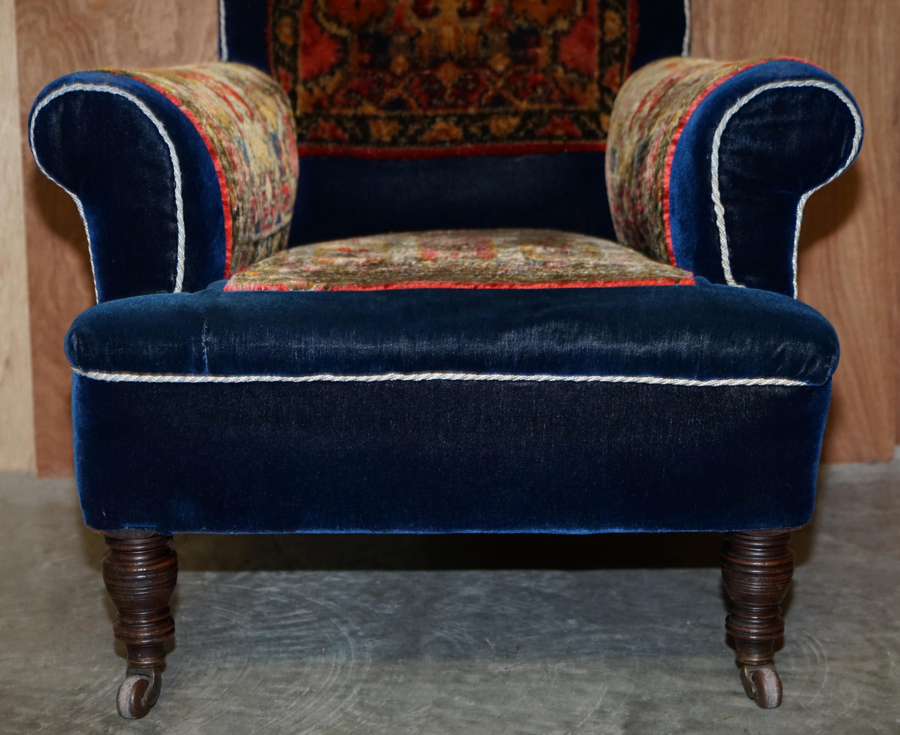 Pair of Antique Victorian Turkey Work Carpet Kilim Rug Napoleonic Blue Armchairs 11