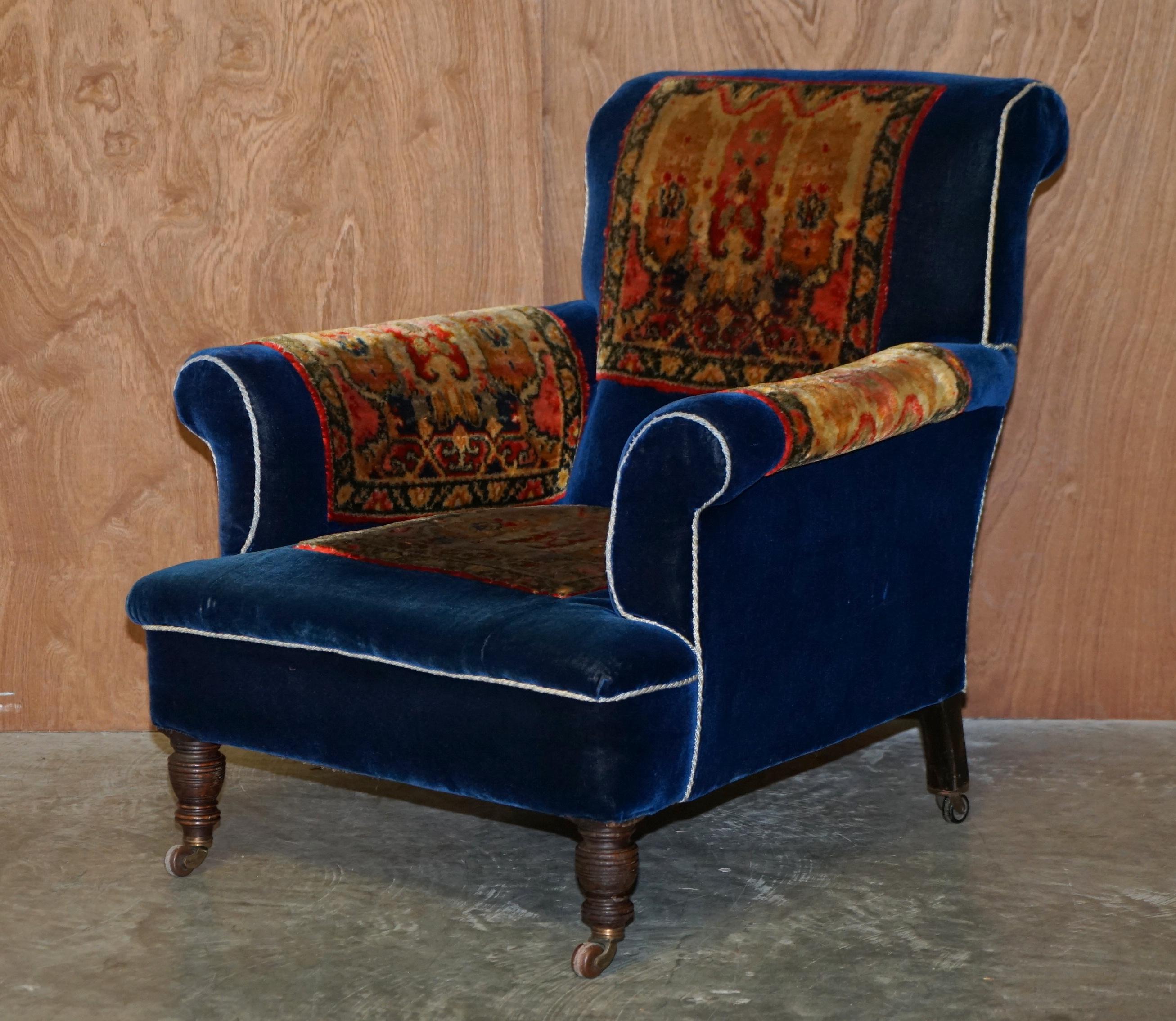We are delighted to offer this very rare and highly collectable original his and hers pair of Victorian mahogany framed country house club armchairs with Napoleonic blue bordered Turkey Kilim Rug upholstery which are part of a suite

These are