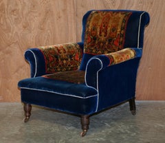 Pair of Antique Victorian Turkey Work Carpet Kilim Rug Napoleonic Blue Armchairs