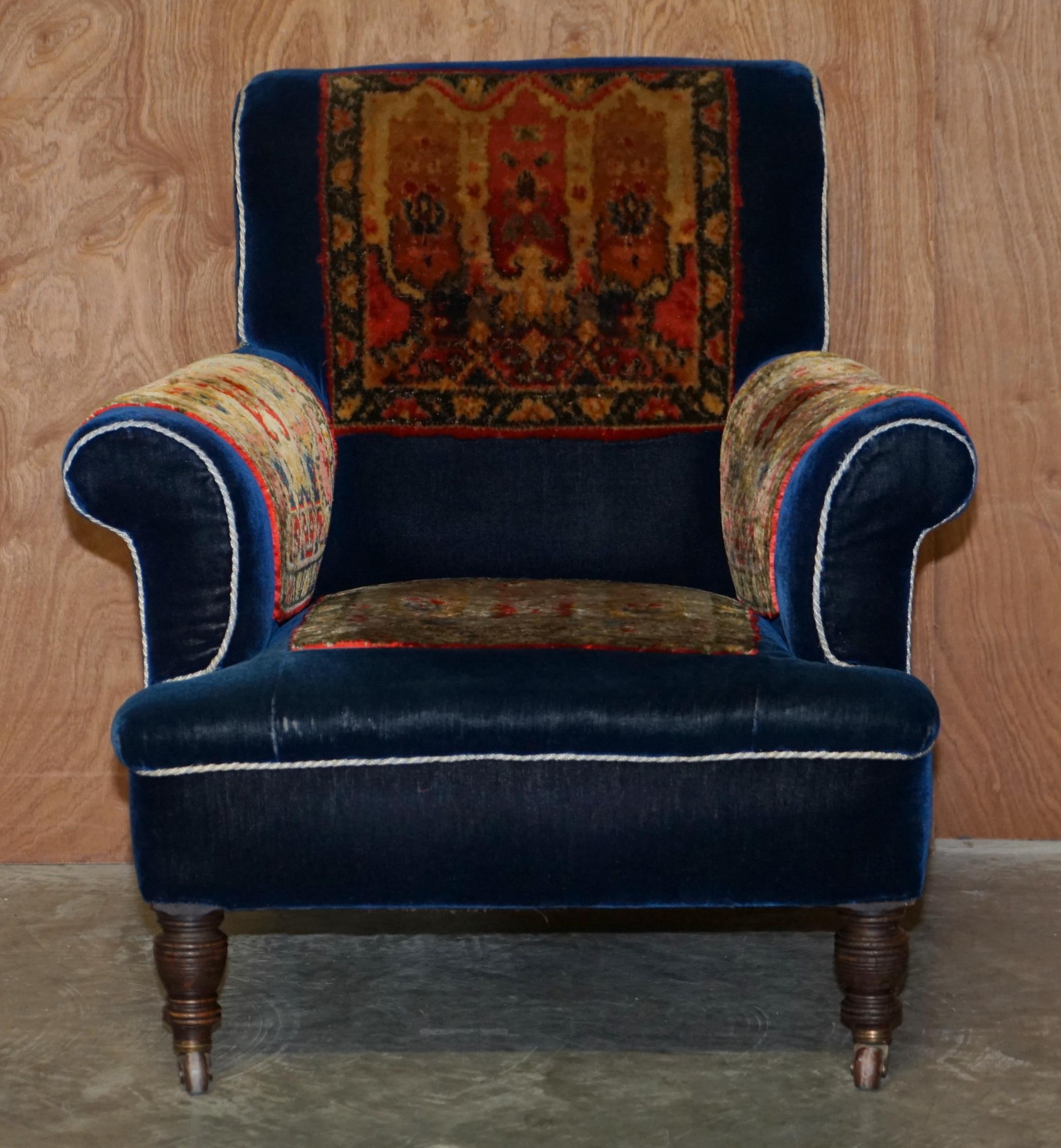 English Pair of Antique Victorian Turkey Work Carpet Kilim Rug Napoleonic Blue Armchairs