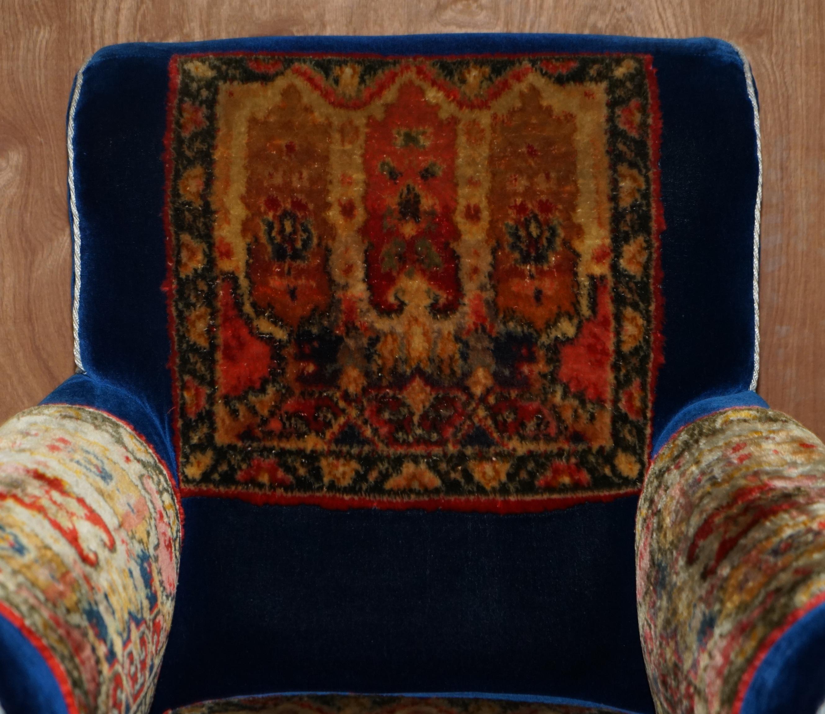 Hand-Crafted Pair of Antique Victorian Turkey Work Carpet Kilim Rug Napoleonic Blue Armchairs