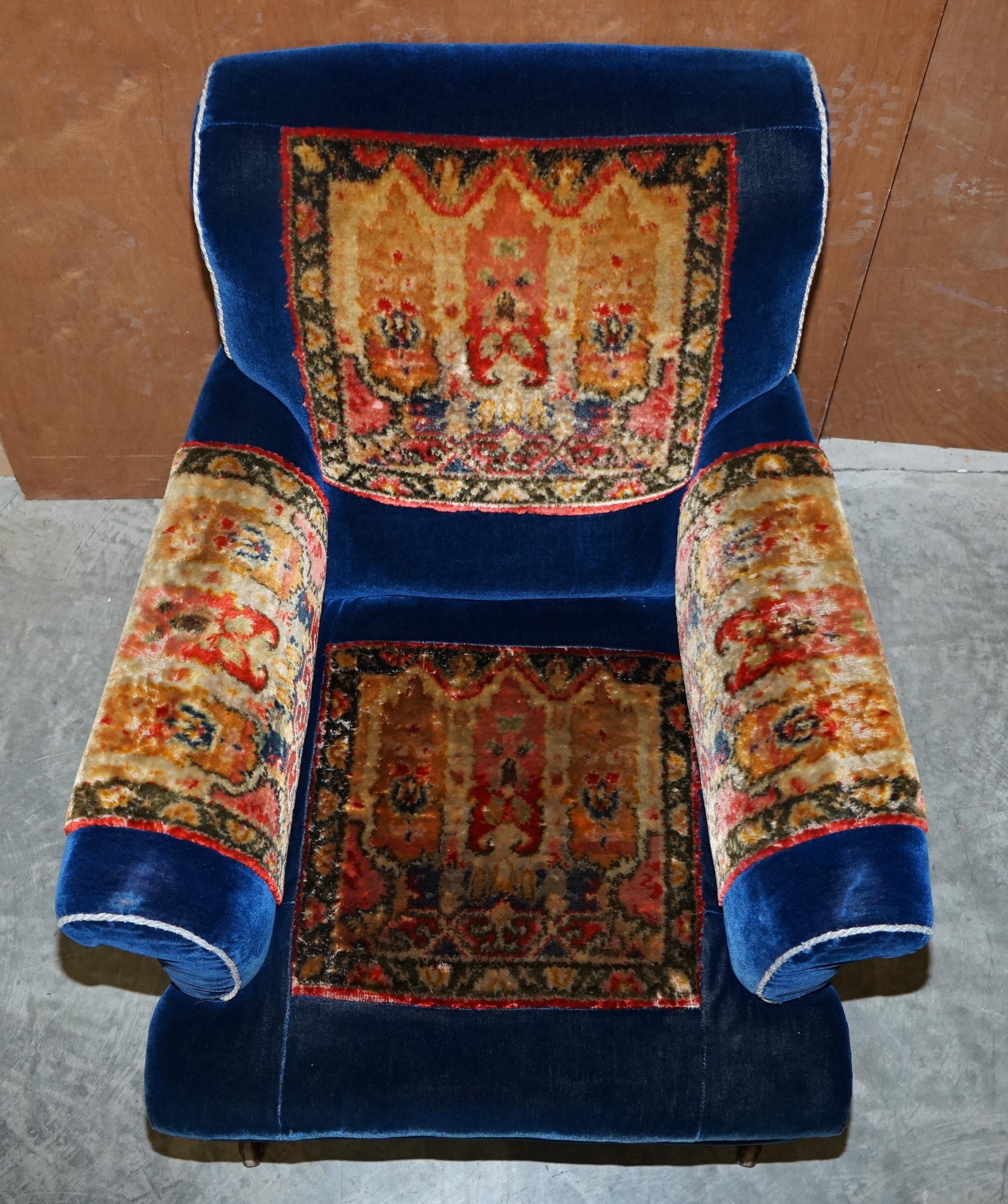 Mid-19th Century Pair of Antique Victorian Turkey Work Carpet Kilim Rug Napoleonic Blue Armchairs