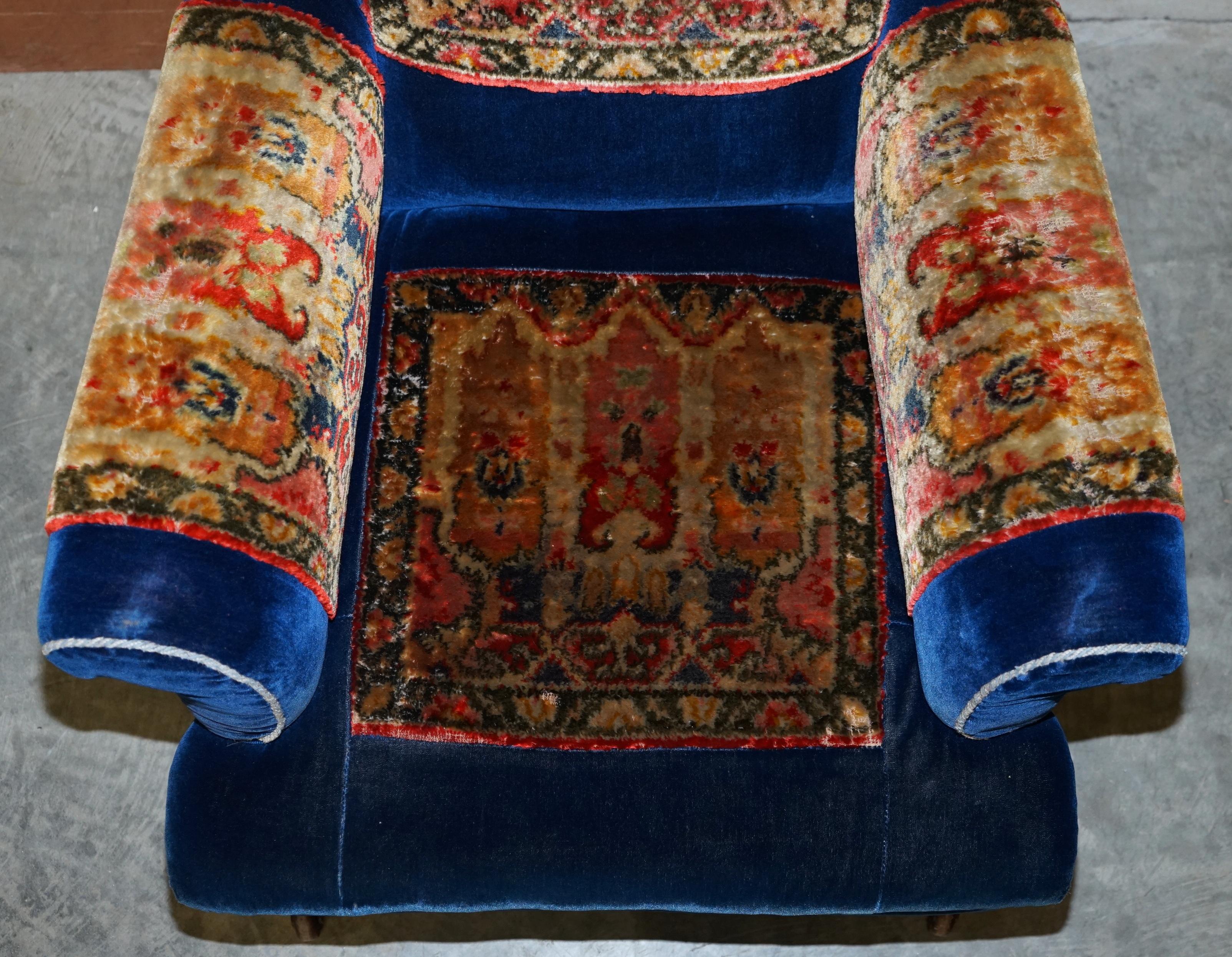 Upholstery Pair of Antique Victorian Turkey Work Carpet Kilim Rug Napoleonic Blue Armchairs