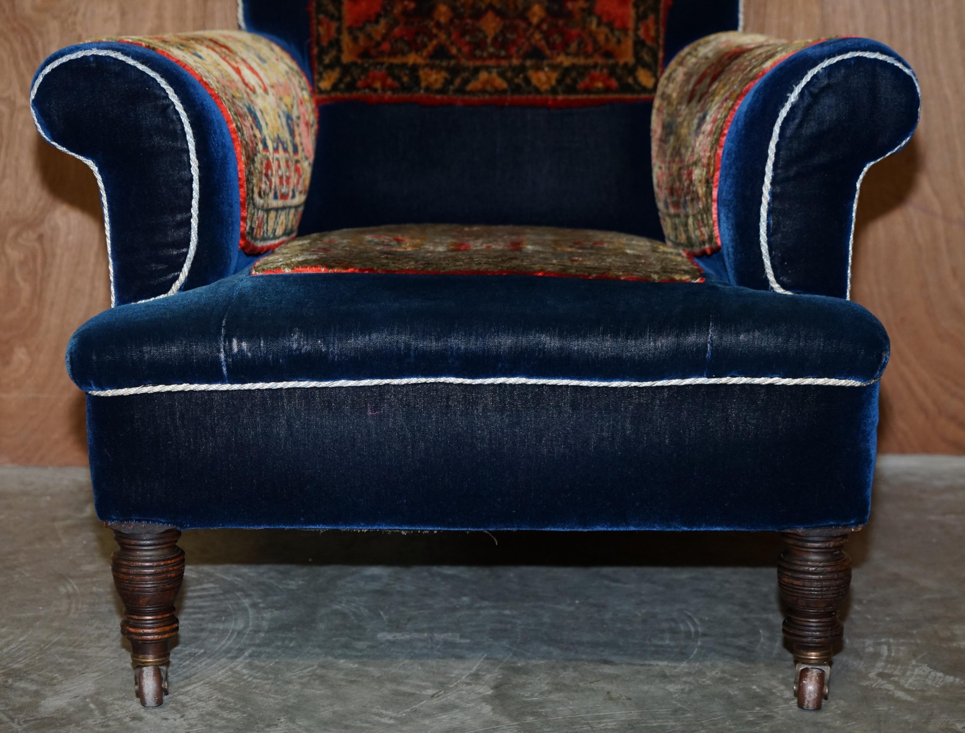 Pair of Antique Victorian Turkey Work Carpet Kilim Rug Napoleonic Blue Armchairs 1