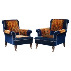 Pair of Antique Victorian Turkey Work Carpet Kilim Rug Napoleonic Blue Armchairs