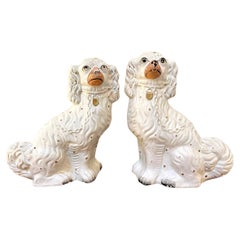 Pair of Antique Victorian White and Gold Staffordshire Dogs