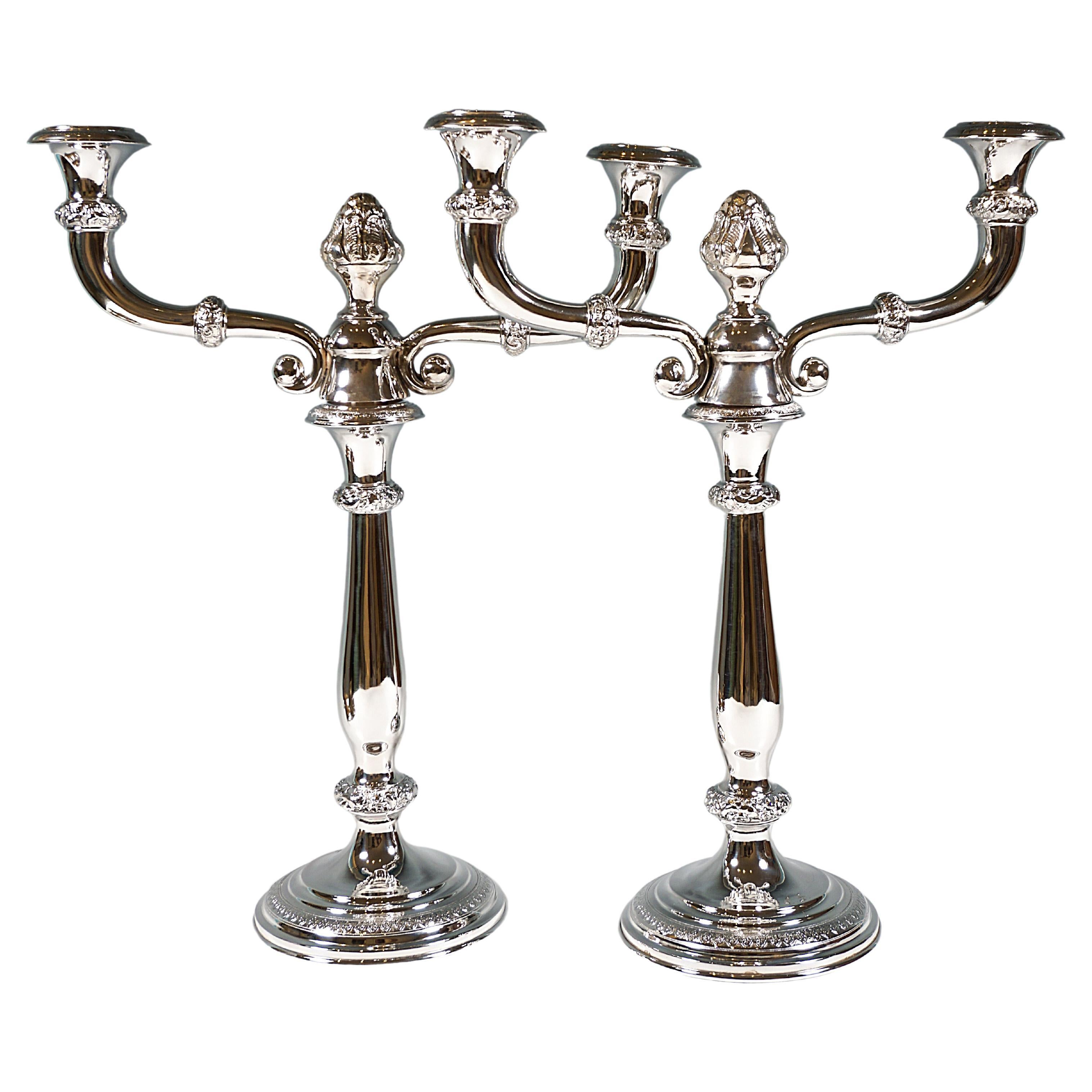 Pair Of Antique Vienna 2-Flame Silver Candelabras by Josef Wiederspeck, 1840 For Sale