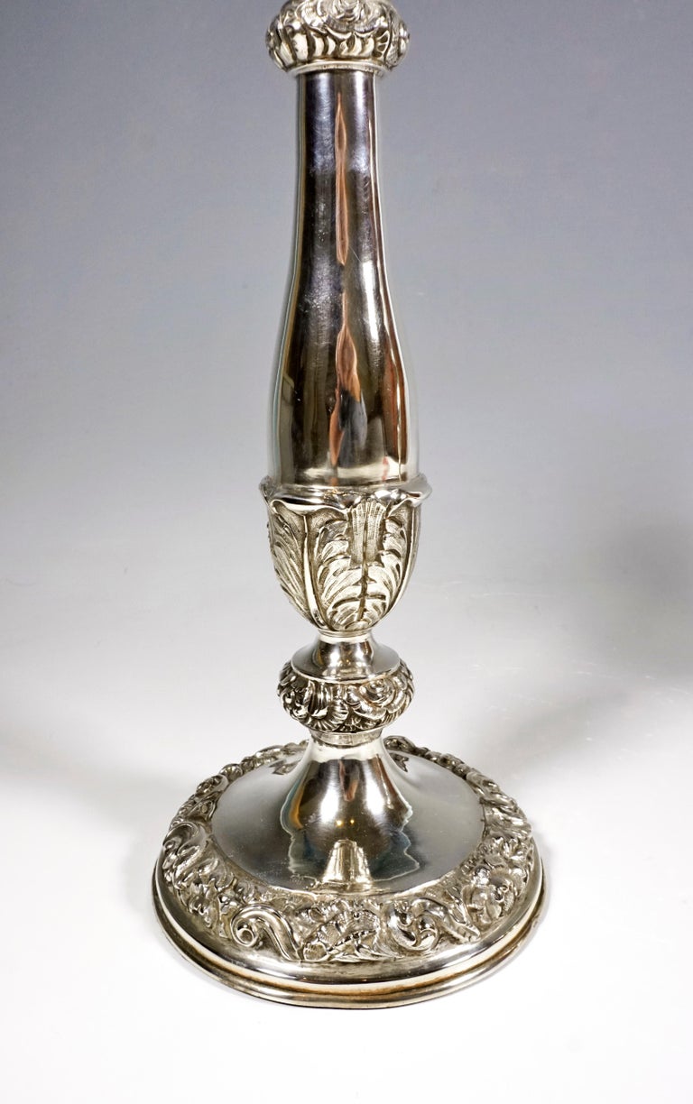 Mid-19th Century Pair of Antique Vienna Biedermeier Silver Candleholders, Dated 1840 For Sale