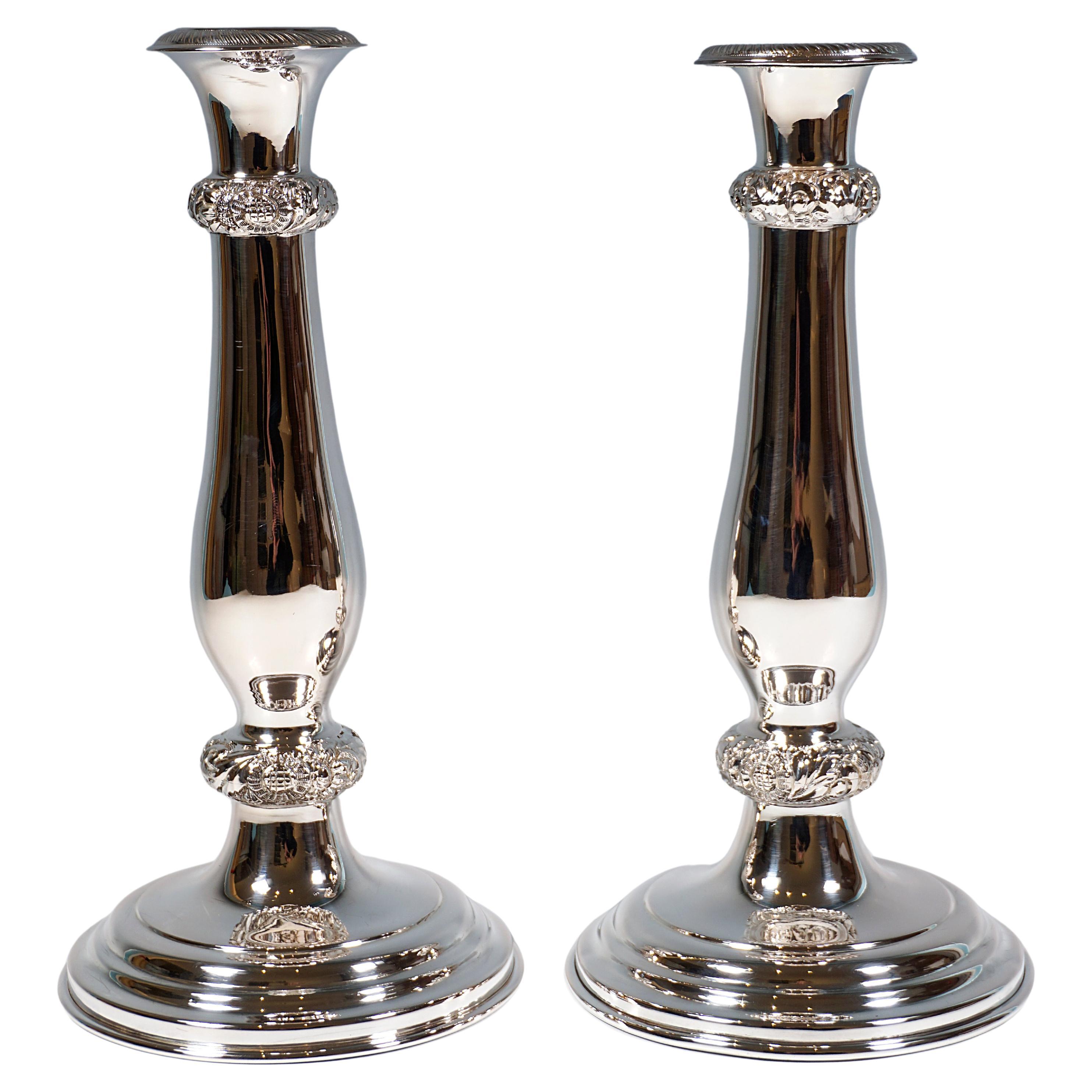 Pair Of Antique Vienna Biedermeier Silver Candle Holders, Dated 1844 For Sale