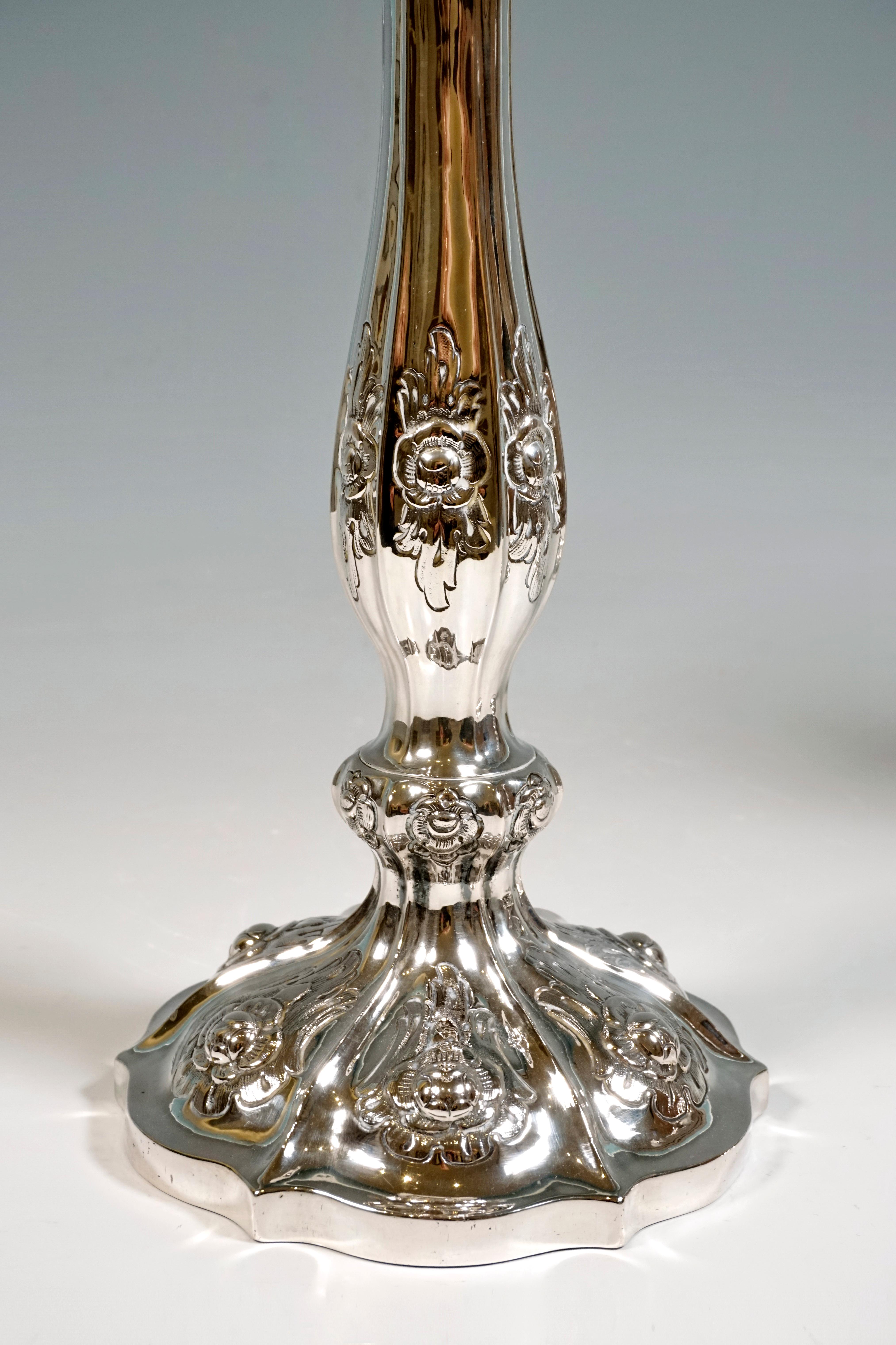 Hand-Crafted Pair of Antique Vienna Biedermeier Silver Candle Holders, Dated 1856 For Sale