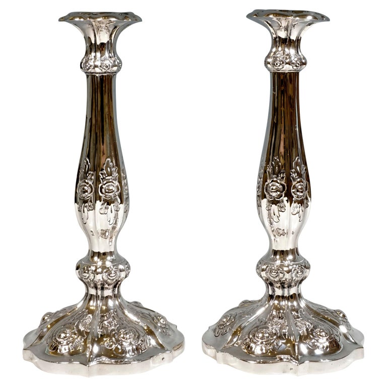 Pair of Antique Vienna Biedermeier Silver Candle Holders, Dated 1856 For Sale