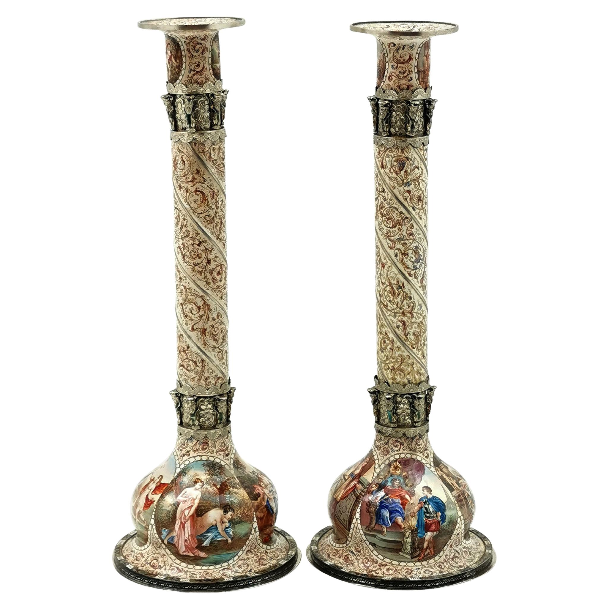 Pair of Antique Viennese Enamel & Silver Candlesticks circa 1870 Vienna, Austria