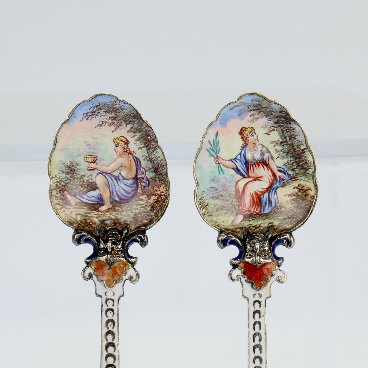 Rococo Pair of Antique Viennese Enamel and Silver Demitasse Spoons