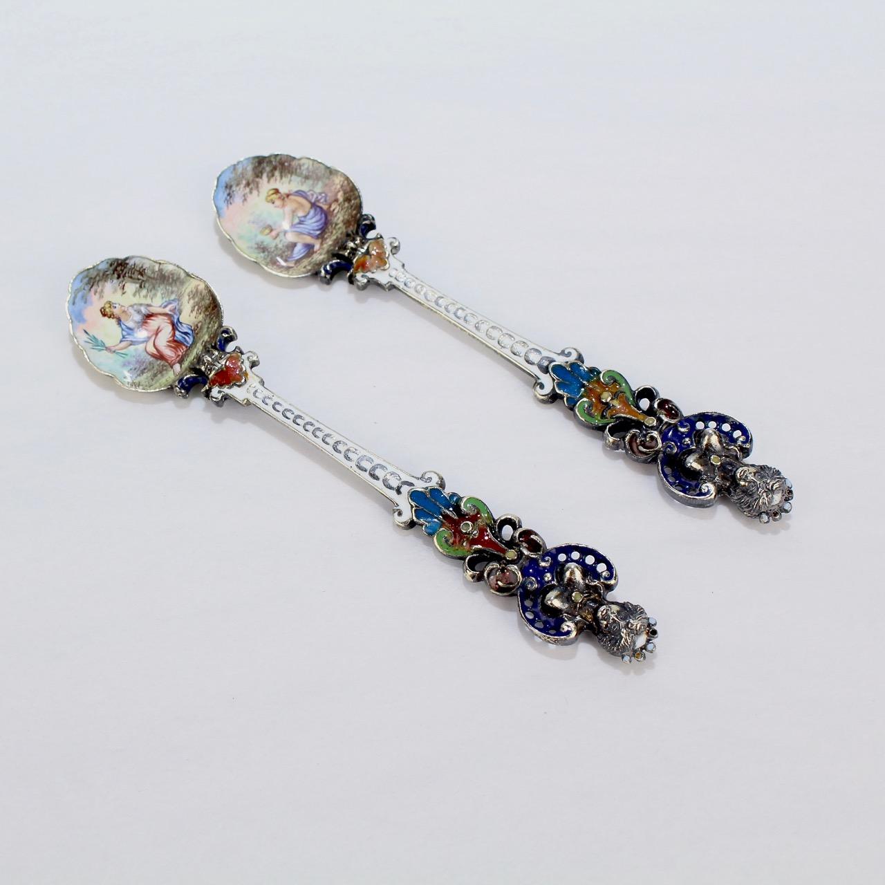 Pair of Antique Viennese Enamel and Silver Demitasse Spoons 1