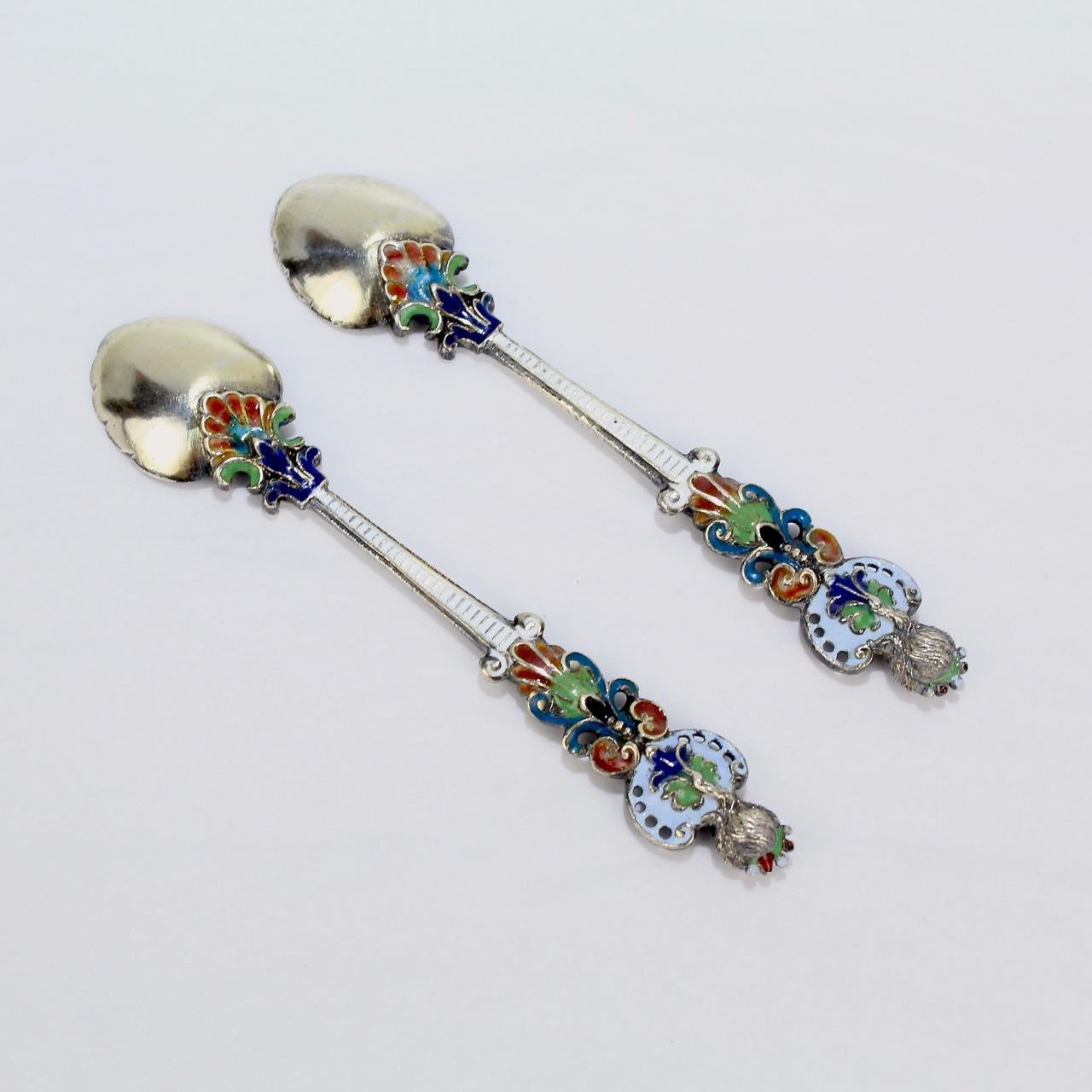Pair of Antique Viennese Enamel and Silver Demitasse Spoons 2