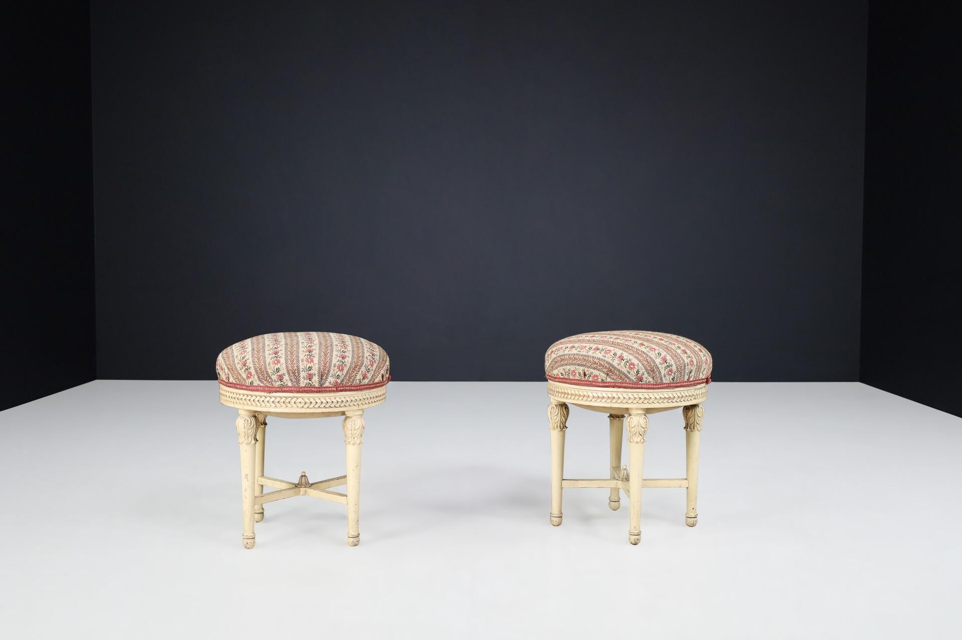 Upholstery Pair of Antique Viennese Painted Wood Stools, 1920s – Hand-Carved Neoclassical For Sale