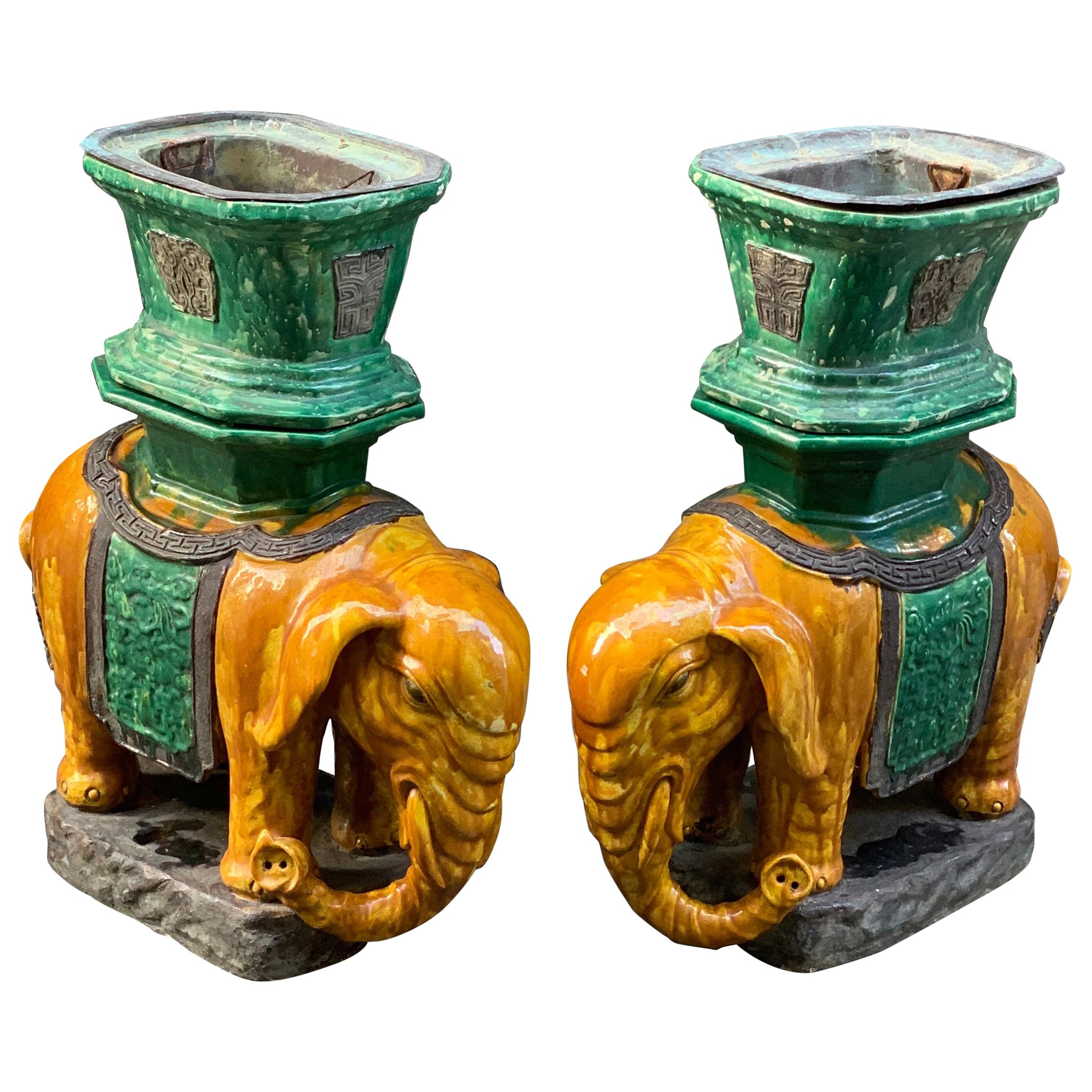 Pair of Antique Vietnamese Ceramic Elephant Stools/Plant Holders, Early 1900