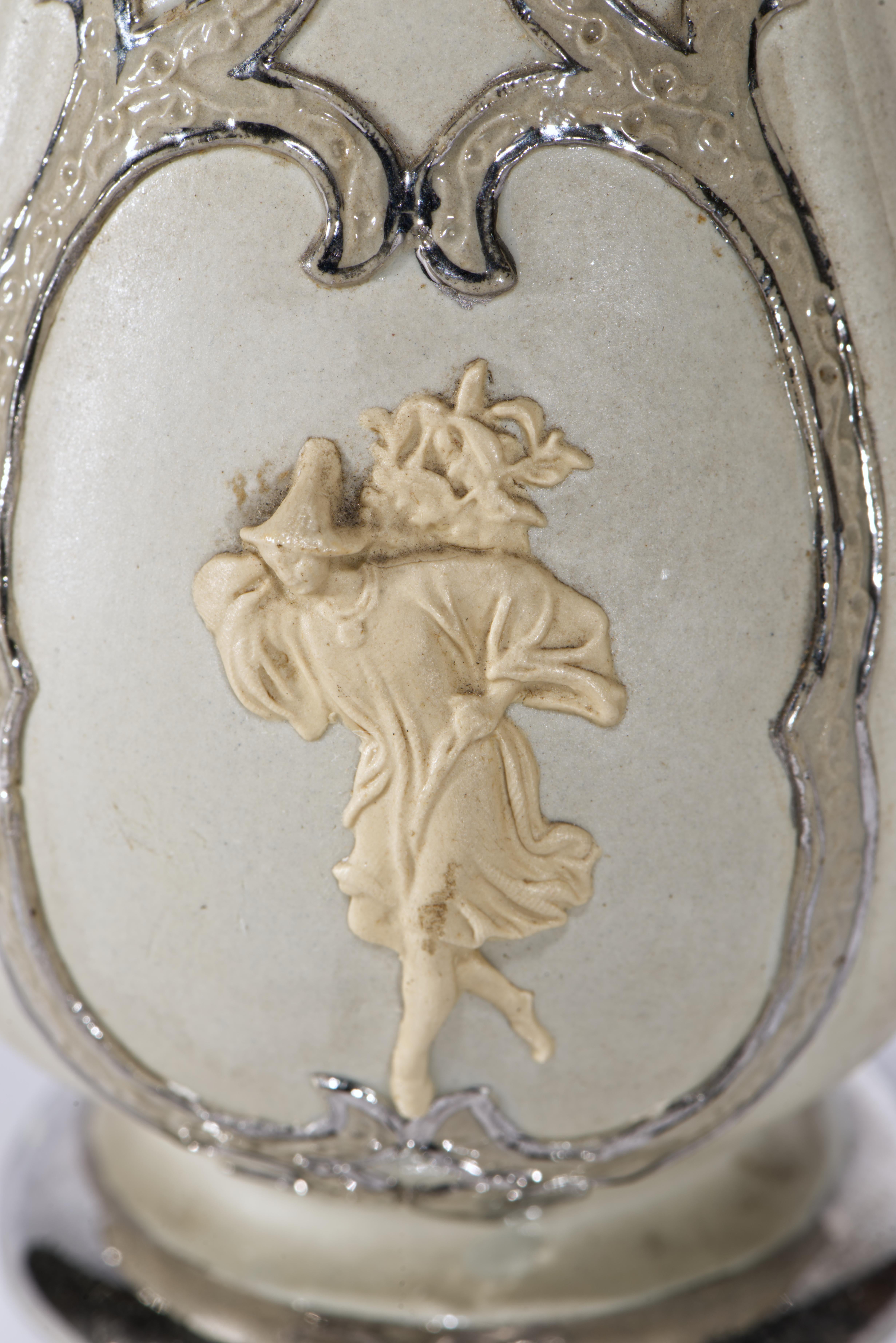 Gilt Pair of Antique Villeroy & Boch Mettlach Vases Platinum Trim, Strong Museum For Sale