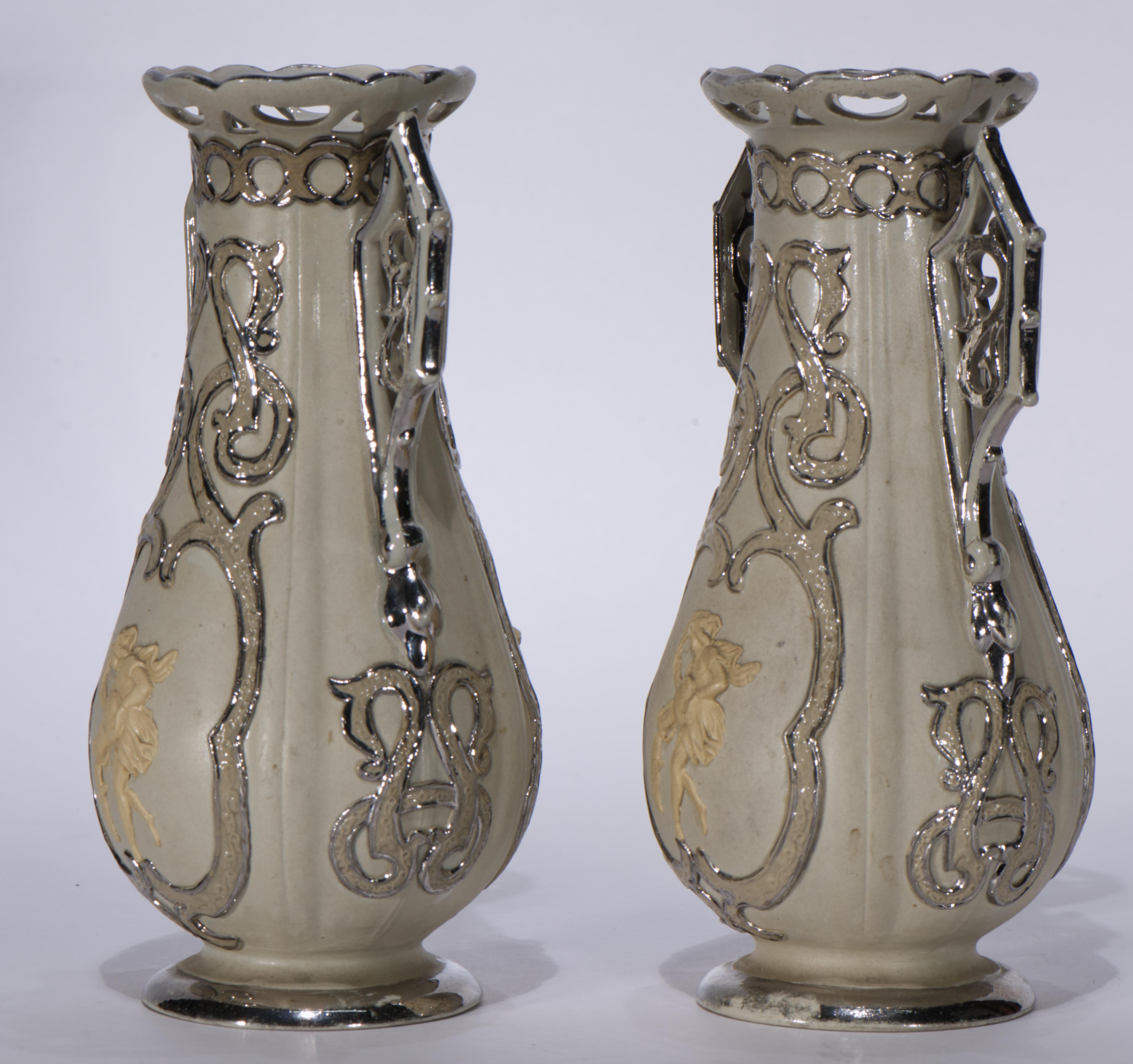 Ceramic Pair of Antique Villeroy & Boch Mettlach Vases Platinum Trim, Strong Museum For Sale