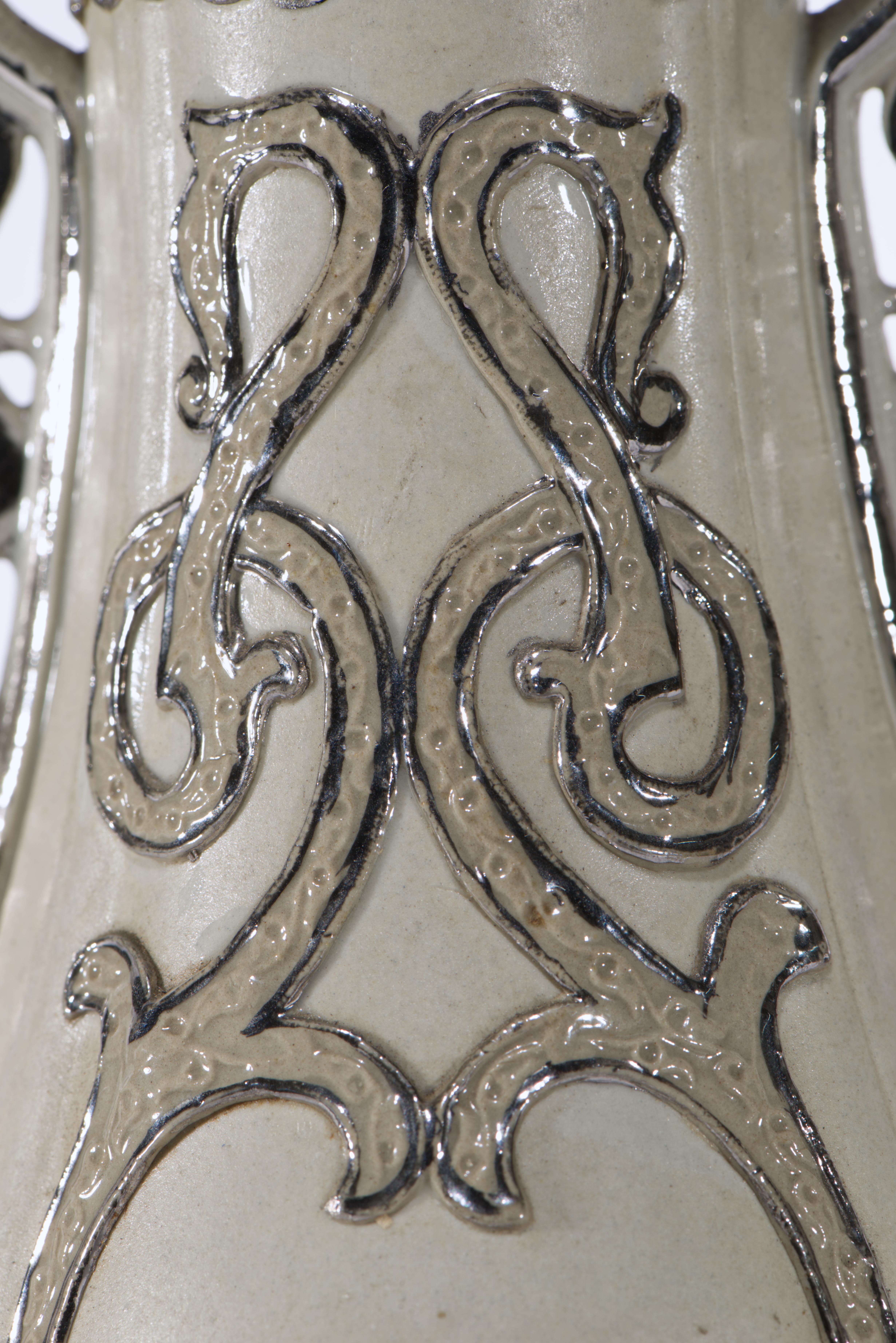 Pair of Antique Villeroy & Boch Mettlach Vases Platinum Trim, Strong Museum For Sale 1