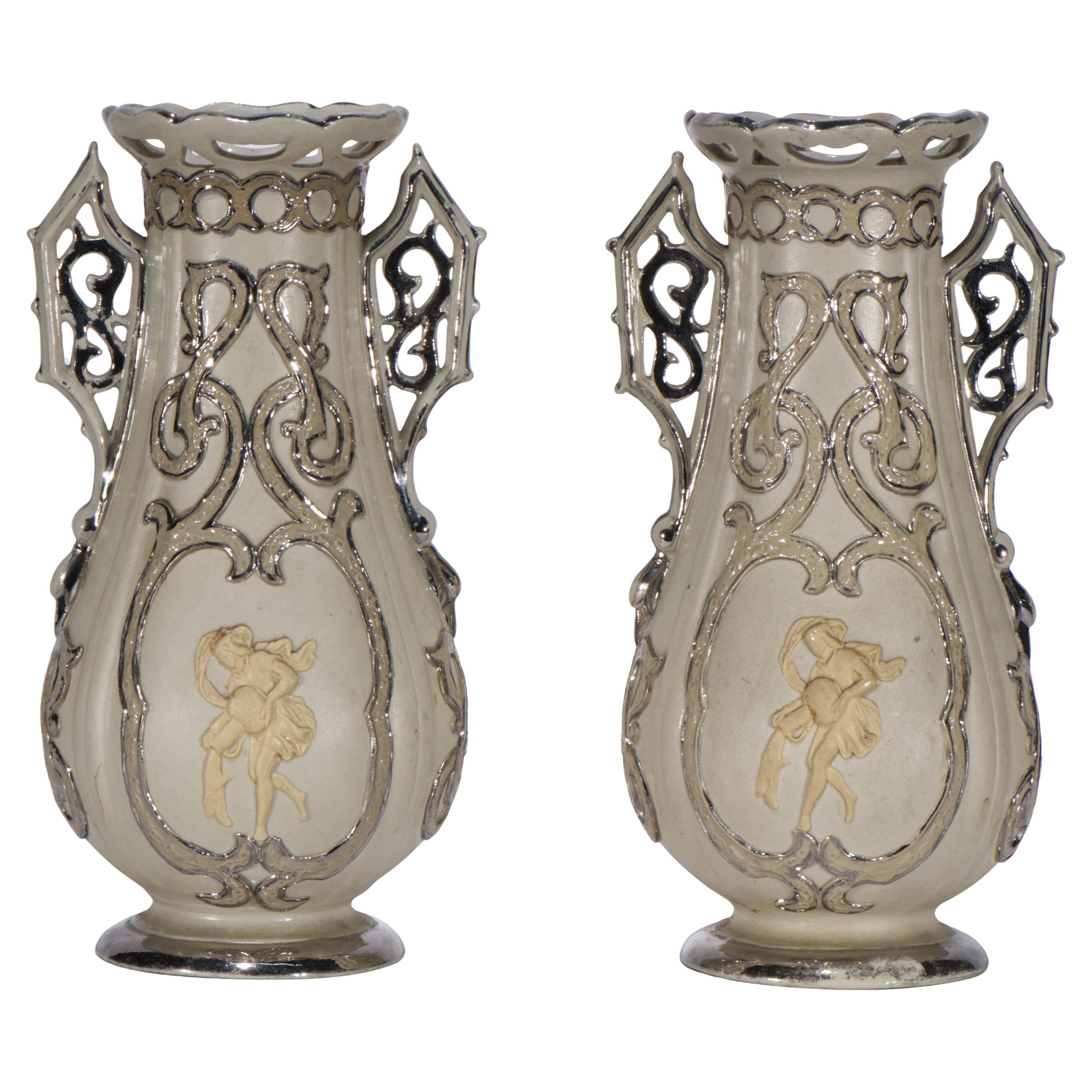 Pair of Antique Villeroy & Boch Mettlach Vases Platinum Trim, Strong Museum For Sale