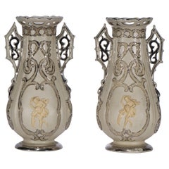 Pair of Antique Villeroy & Boch Mettlach Vases Platinum Trim, Strong Museum