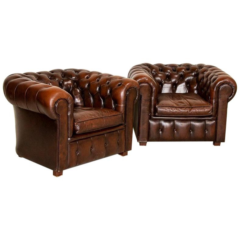 Vintage Leather English Chesterfield Club Chairs