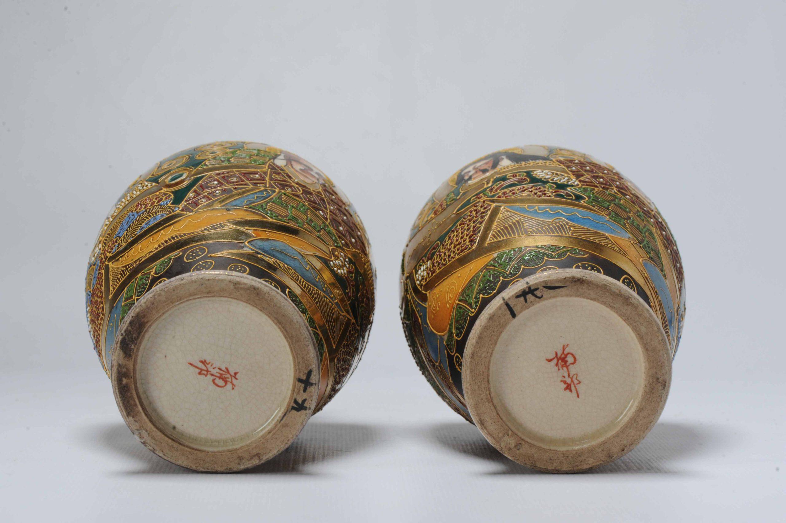 Pair of Antique/Vintage Satsuma Vases with Figures/Arhats Marked, 20th Century In Good Condition For Sale In Amsterdam, Noord Holland