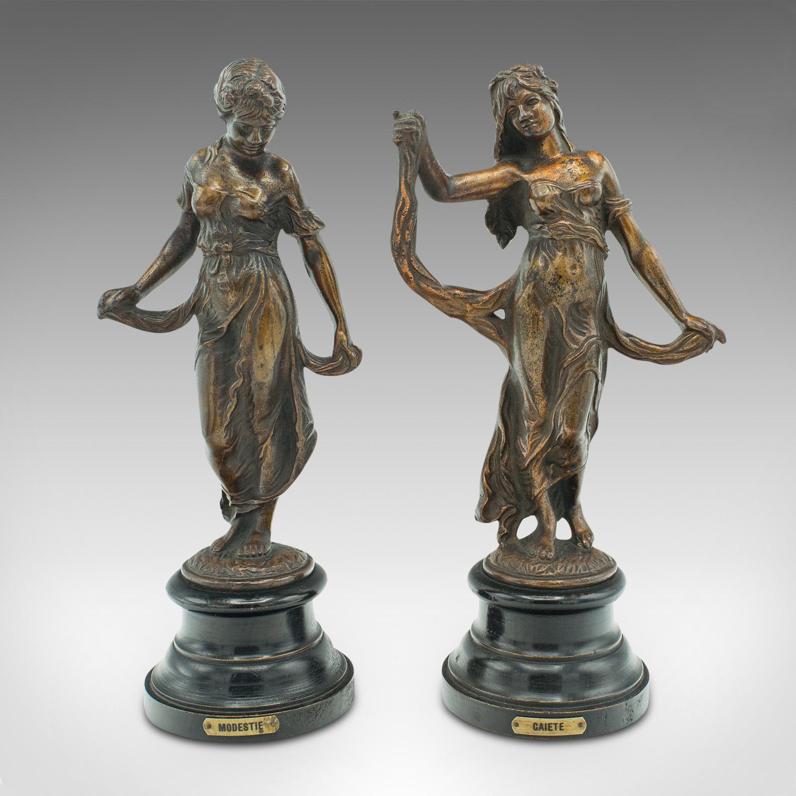 This is a pair of antique virtue figures. A French, bronze decorative female statue in Art Nouveau taste, dating to the late Victorian period, circa 1890.

Delightful elegance and appealing Art Nouveau motif
Displaying a desirable aged patina and in