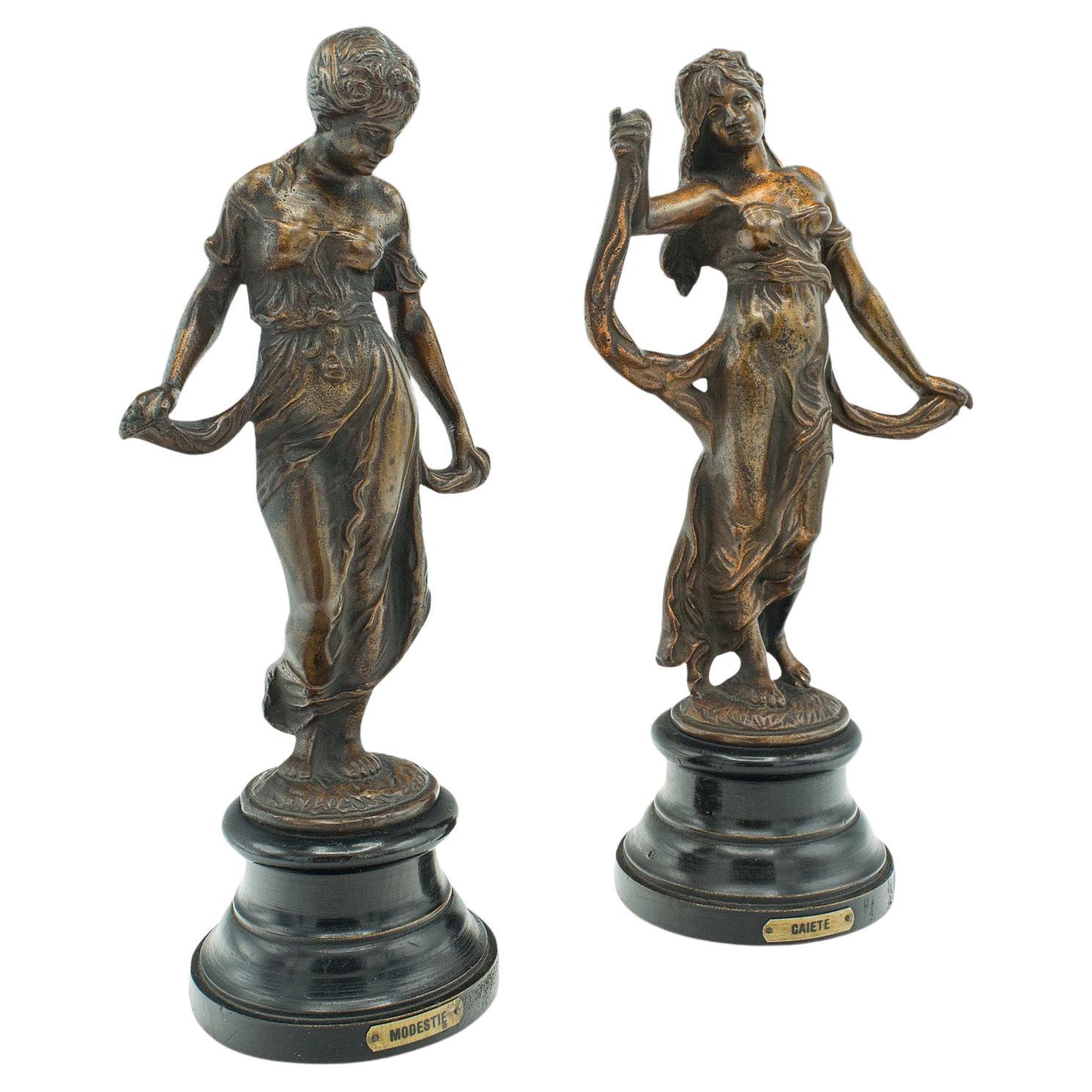 Pair Of Antique Virtue Figures, French, Bronze, Statue, Art Nouveau, Victorian For Sale