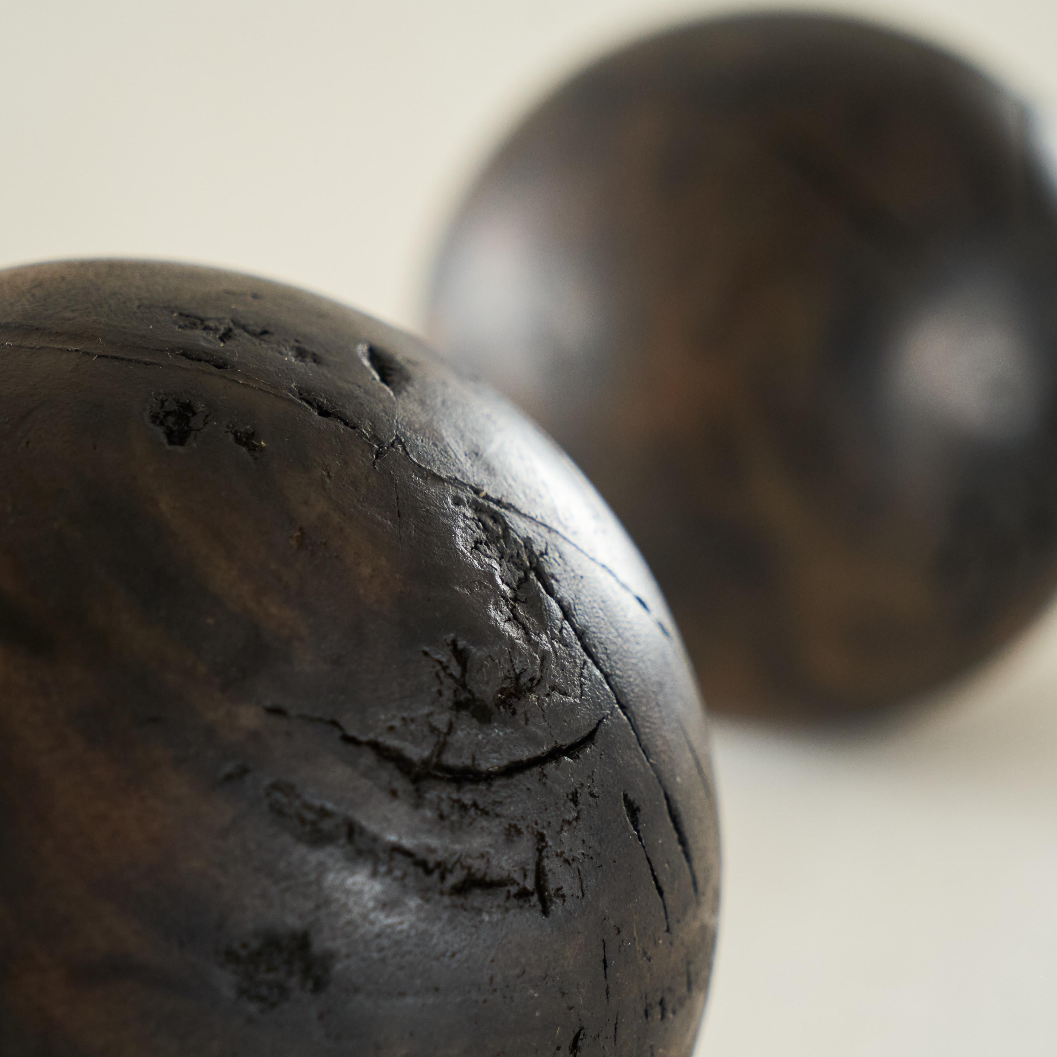 Pair of Antique Wabi Sabi Decorative Balls in Wood For Sale 1