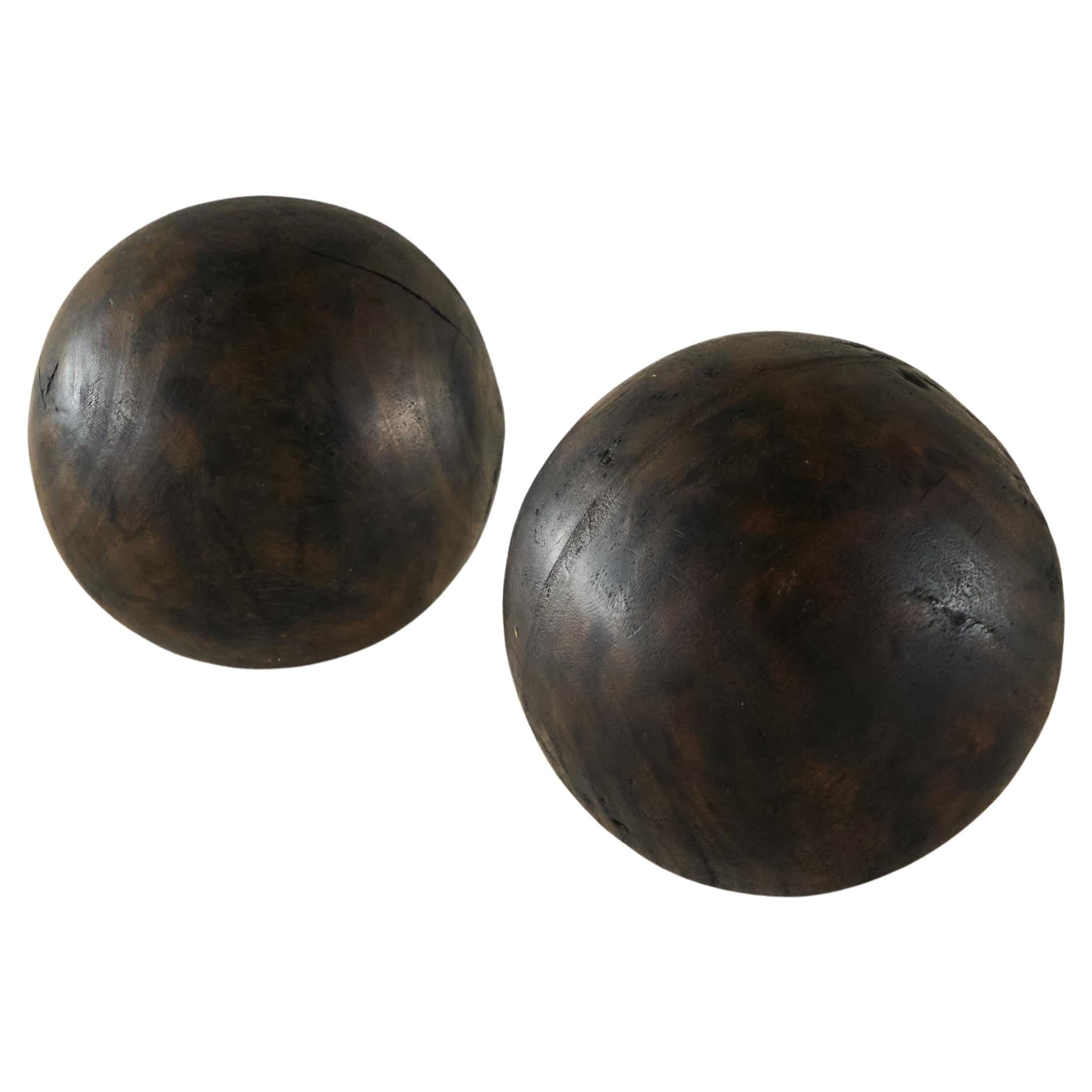 Pair of Antique Wabi Sabi Decorative Balls in Wood